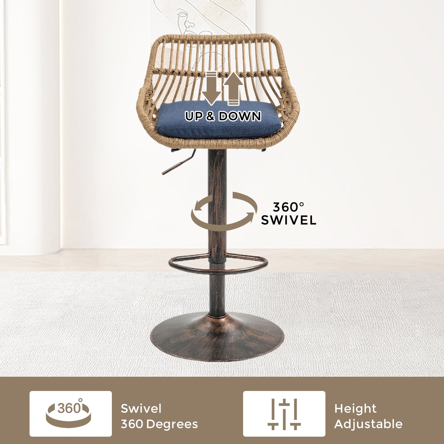 COOLMORE Modern Swivel Bar Stools Set of 2 Adjustable Counter Height Chairs with Footrest Blue Linen - 1st Choice Furniture Direct