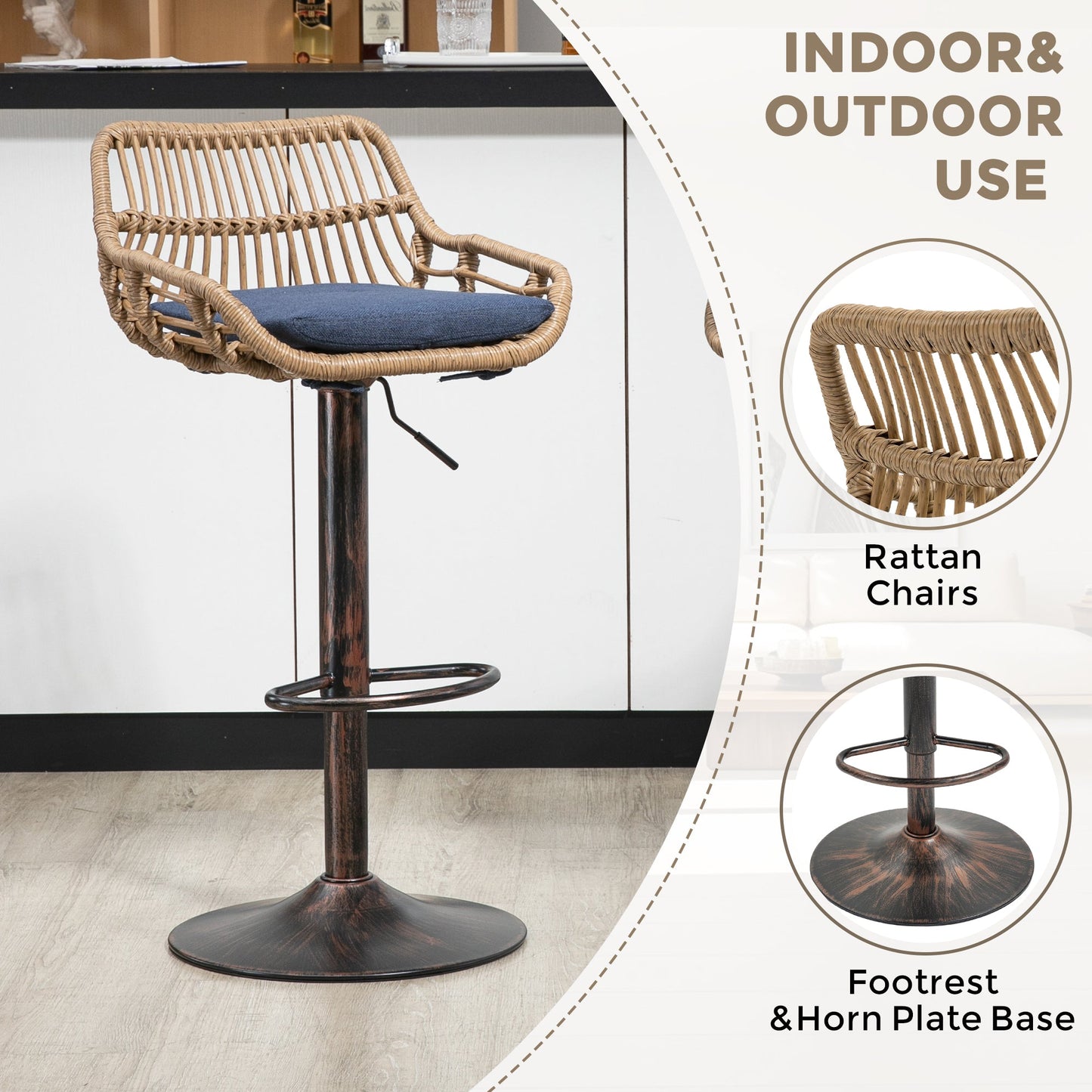 COOLMORE Modern Swivel Bar Stools Set of 2 Adjustable Counter Height Chairs with Footrest Blue Linen - 1st Choice Furniture Direct