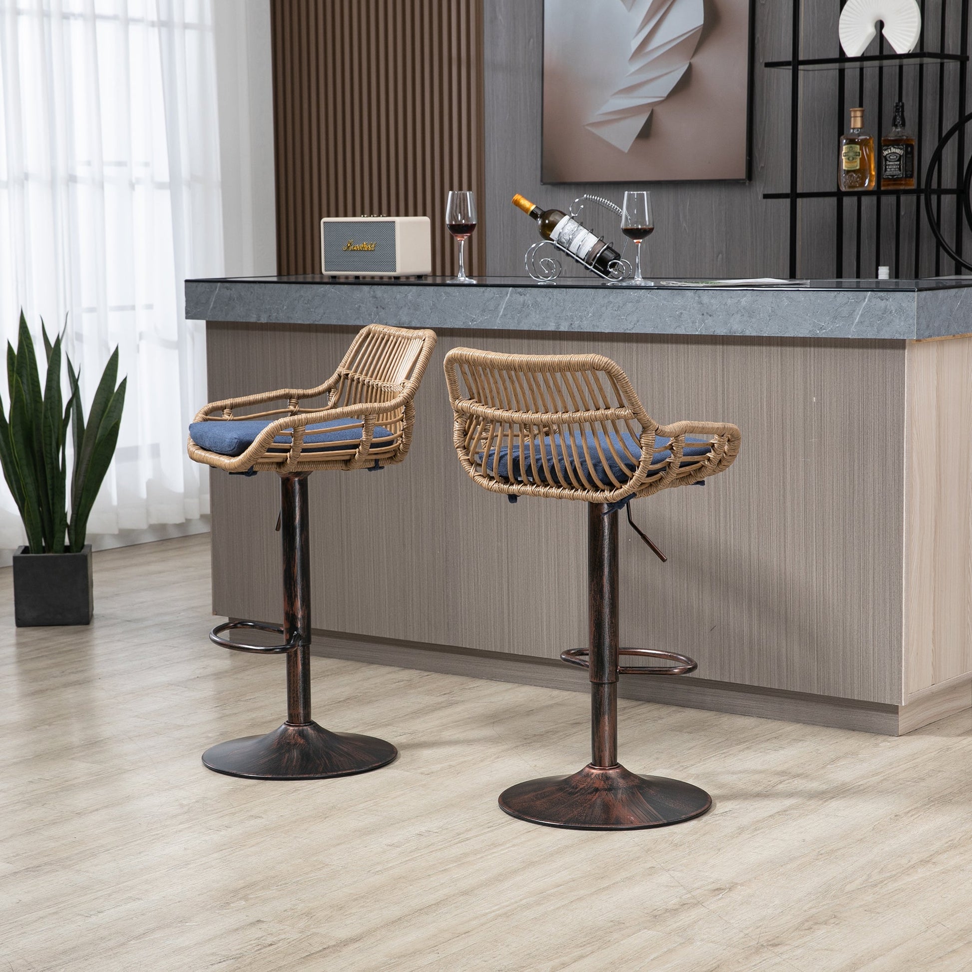COOLMORE Modern Swivel Bar Stools Set of 2 Adjustable Counter Height Chairs with Footrest Blue Linen - 1st Choice Furniture Direct