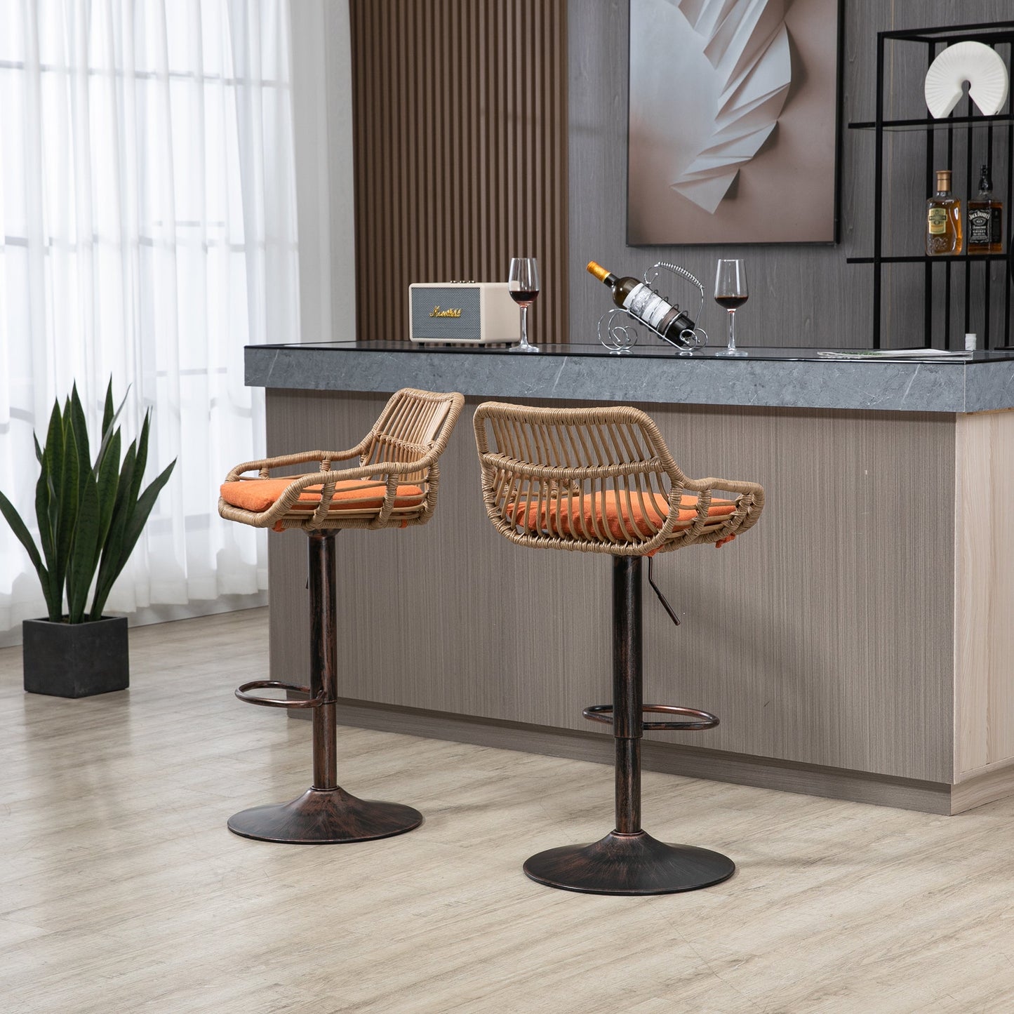 COOLMORE Modern Swivel Bar Stools Set of 2 Adjustable Counter Height Chairs with Footrest, Orange Linen - 1st Choice Furniture Direct