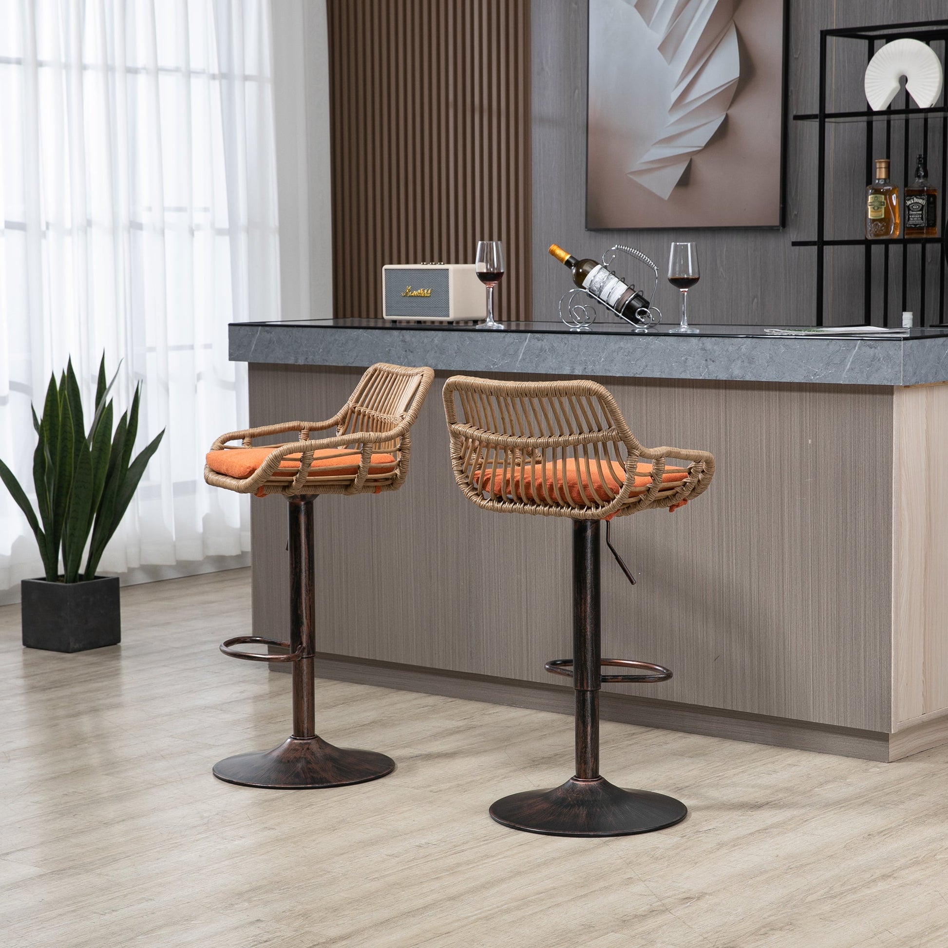 COOLMORE Modern Swivel Bar Stools Set of 2 Adjustable Counter Height Chairs with Footrest, Orange Linen - 1st Choice Furniture Direct