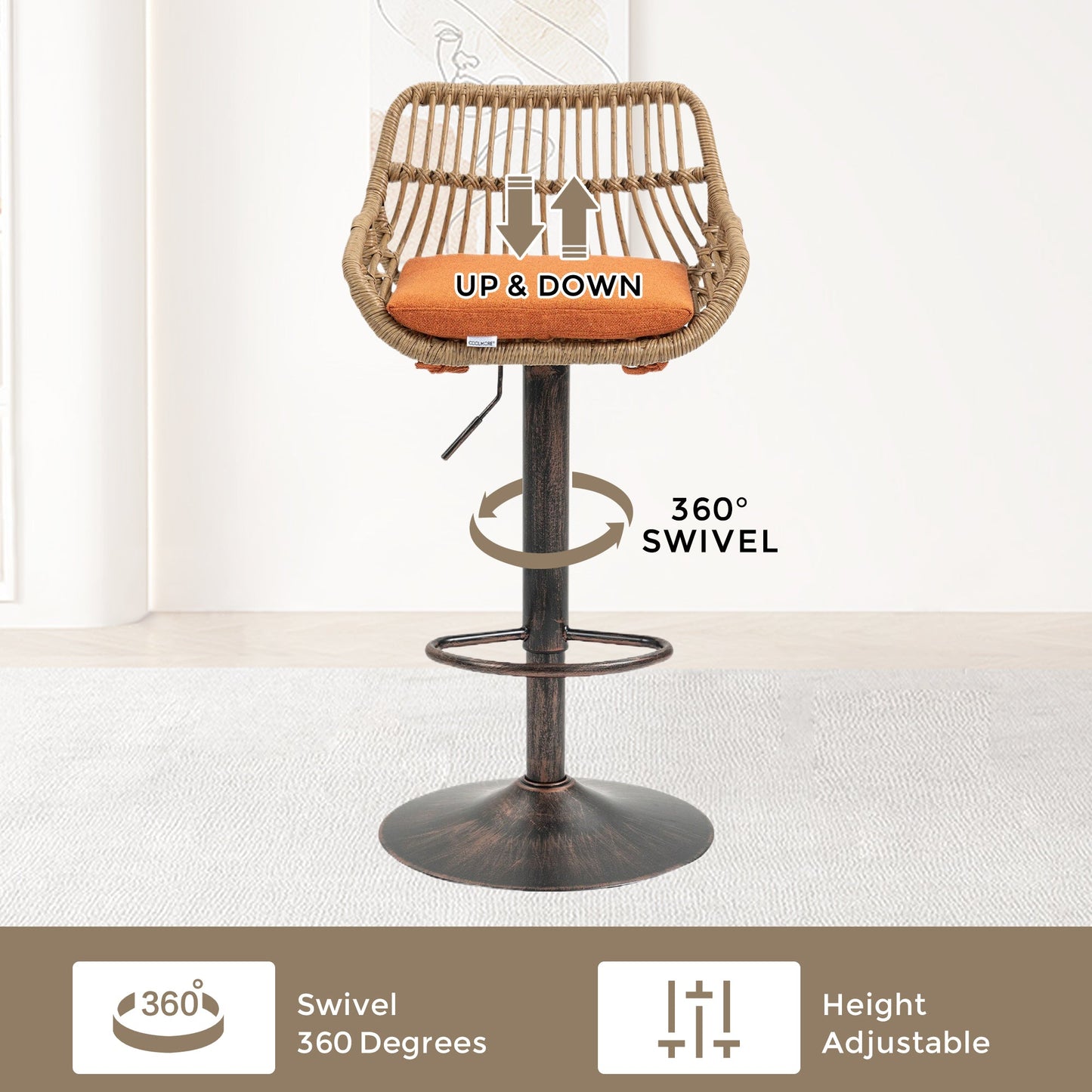 COOLMORE Modern Swivel Bar Stools Set of 2 Adjustable Counter Height Chairs with Footrest, Orange Linen - 1st Choice Furniture Direct