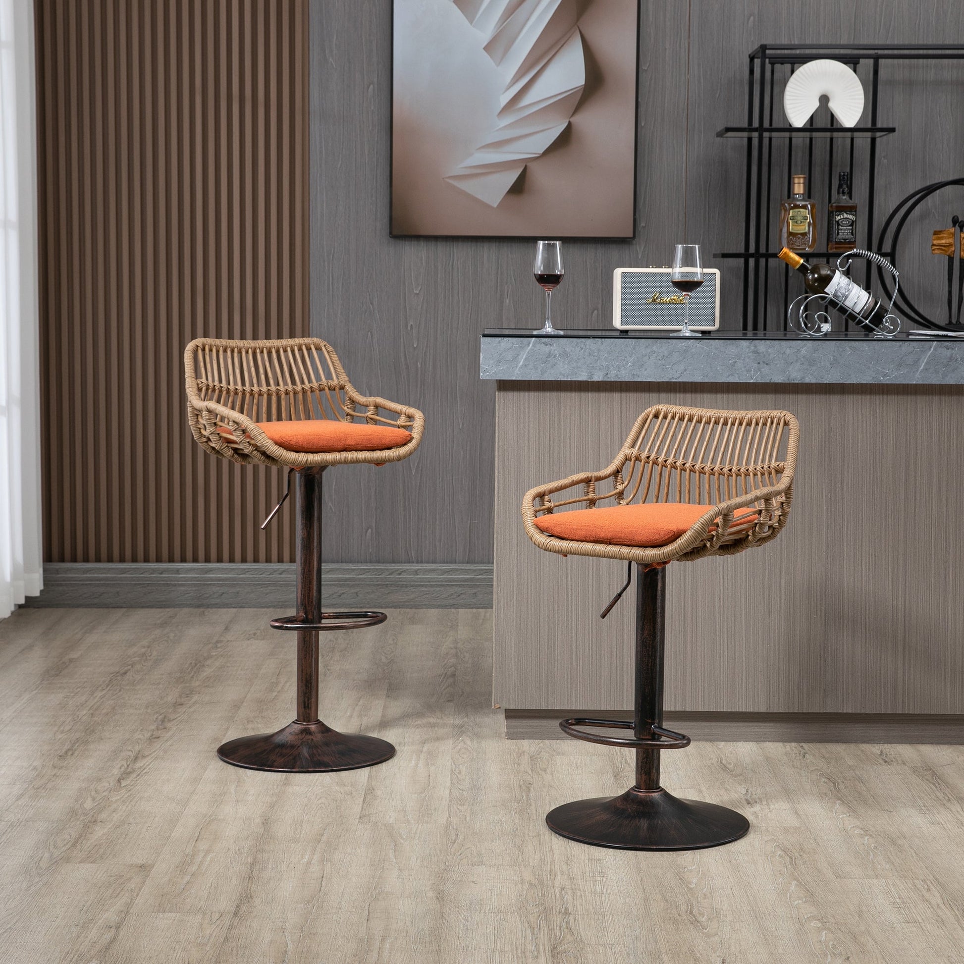 COOLMORE Modern Swivel Bar Stools Set of 2 Adjustable Counter Height Chairs with Footrest, Orange Linen - 1st Choice Furniture Direct