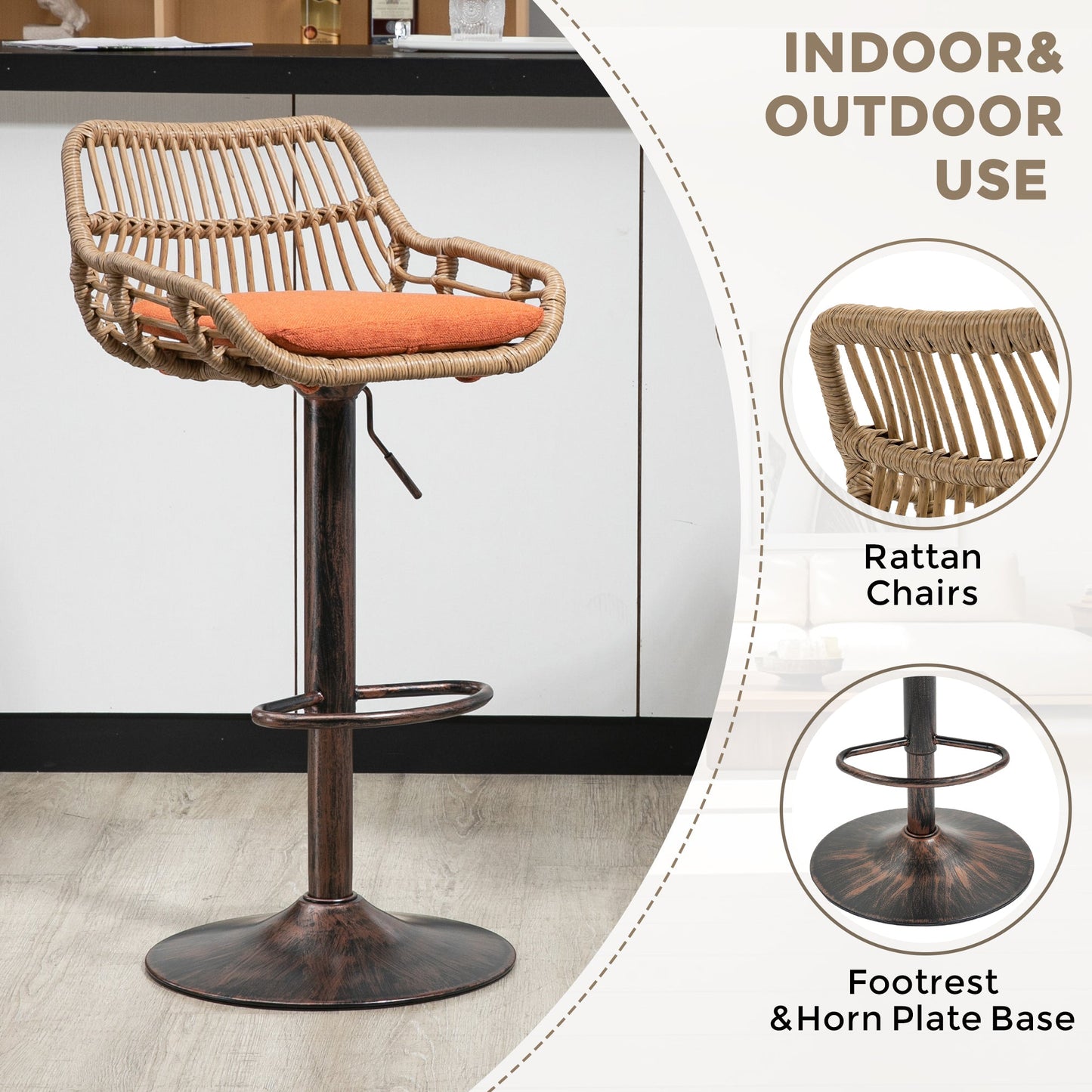 COOLMORE Modern Swivel Bar Stools Set of 2 Adjustable Counter Height Chairs with Footrest, Orange Linen - 1st Choice Furniture Direct