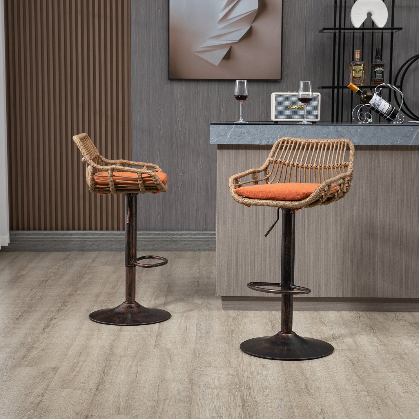 COOLMORE Modern Swivel Bar Stools Set of 2 Adjustable Counter Height Chairs with Footrest, Orange Linen - 1st Choice Furniture Direct