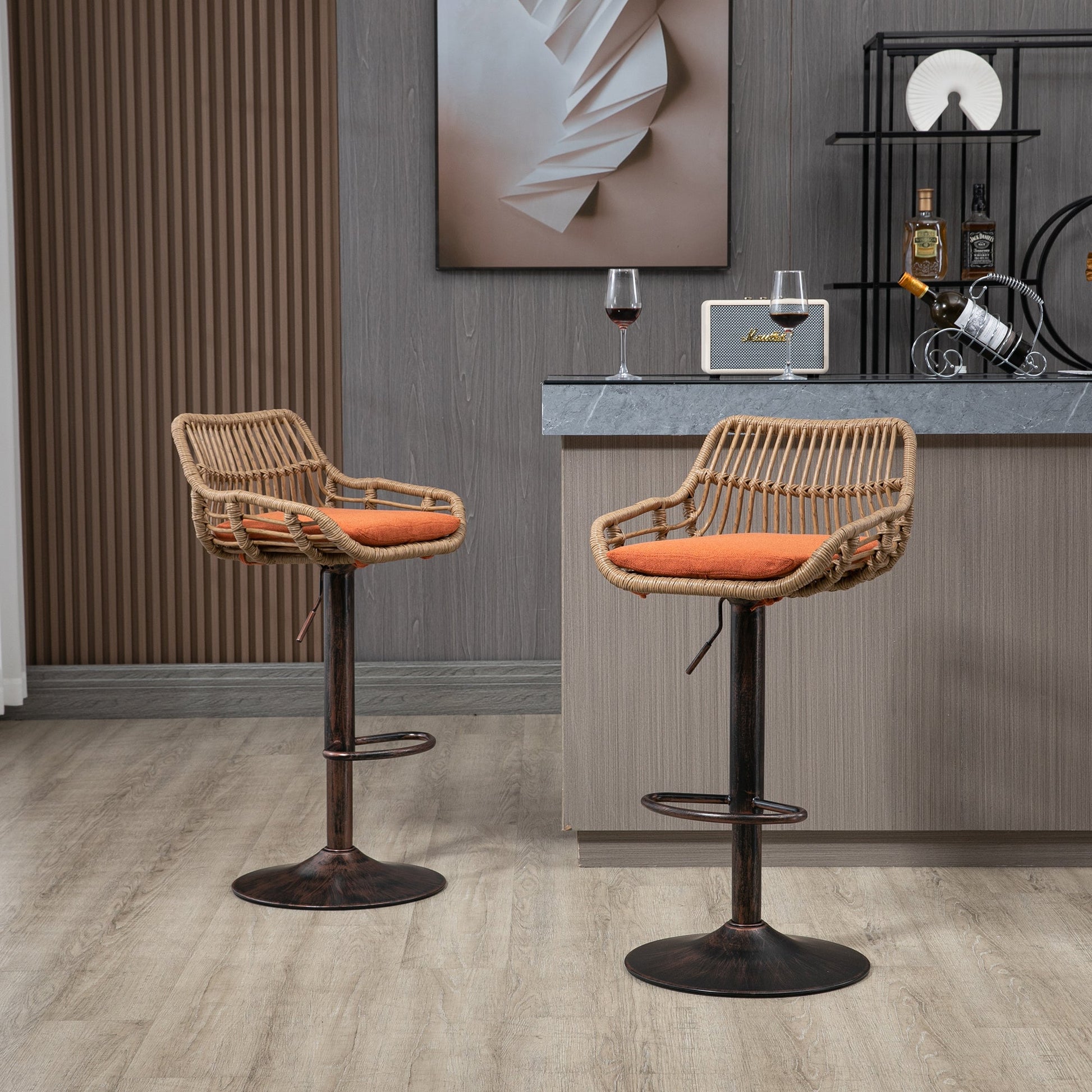 COOLMORE Modern Swivel Bar Stools Set of 2 Adjustable Counter Height Chairs with Footrest, Orange Linen - 1st Choice Furniture Direct