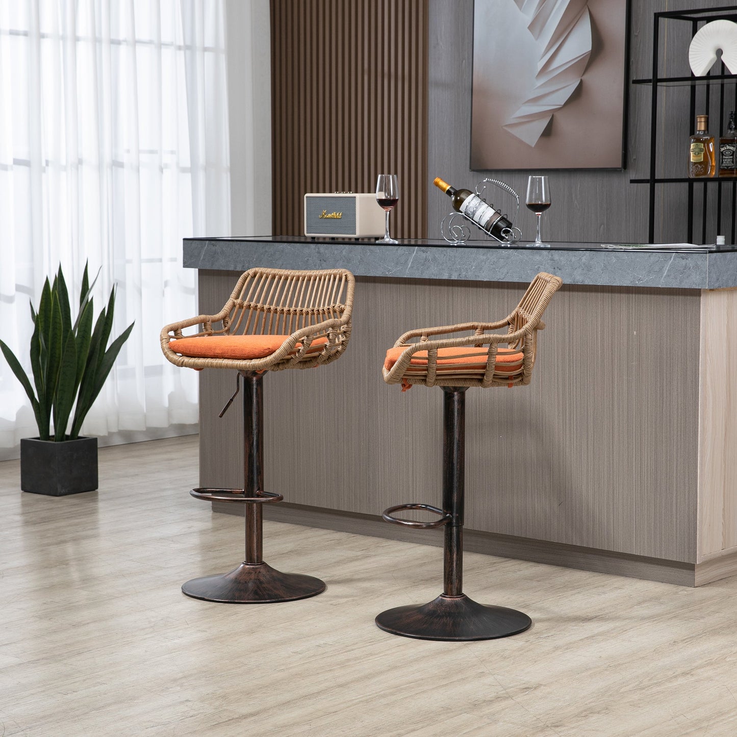 COOLMORE Modern Swivel Bar Stools Set of 2 Adjustable Counter Height Chairs with Footrest, Orange Linen - 1st Choice Furniture Direct