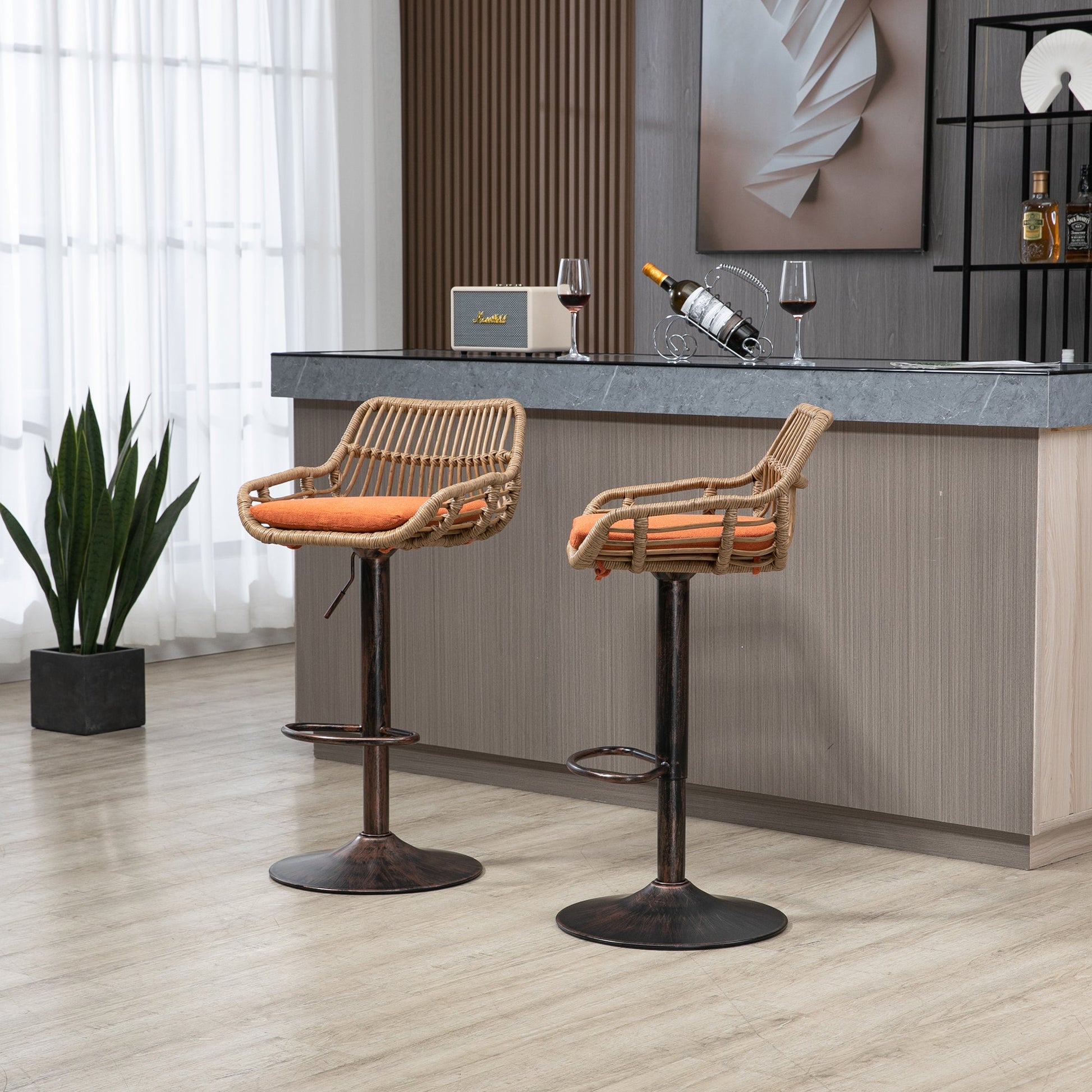 COOLMORE Modern Swivel Bar Stools Set of 2 Adjustable Counter Height Chairs with Footrest, Orange Linen - 1st Choice Furniture Direct
