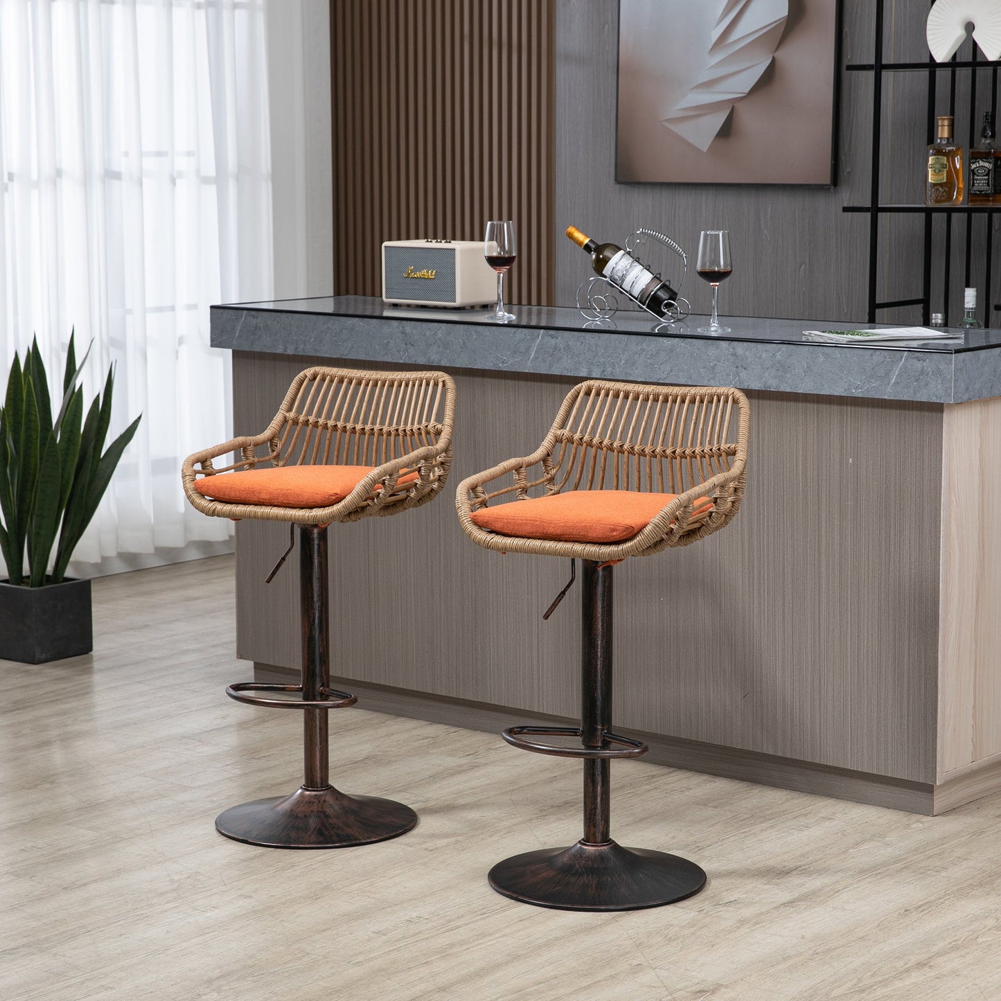 COOLMORE Modern Swivel Bar Stools Set of 2 Adjustable Counter Height Chairs with Footrest, Orange Linen - 1st Choice Furniture Direct