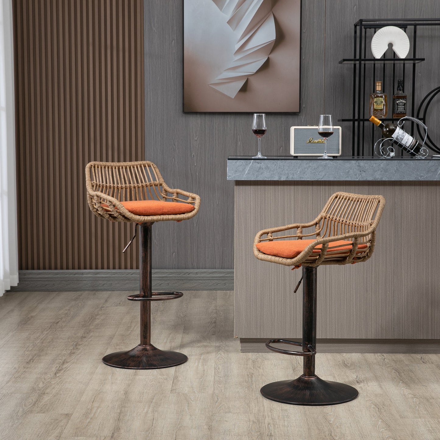 COOLMORE Modern Swivel Bar Stools Set of 2 Adjustable Counter Height Chairs with Footrest, Orange Linen - 1st Choice Furniture Direct