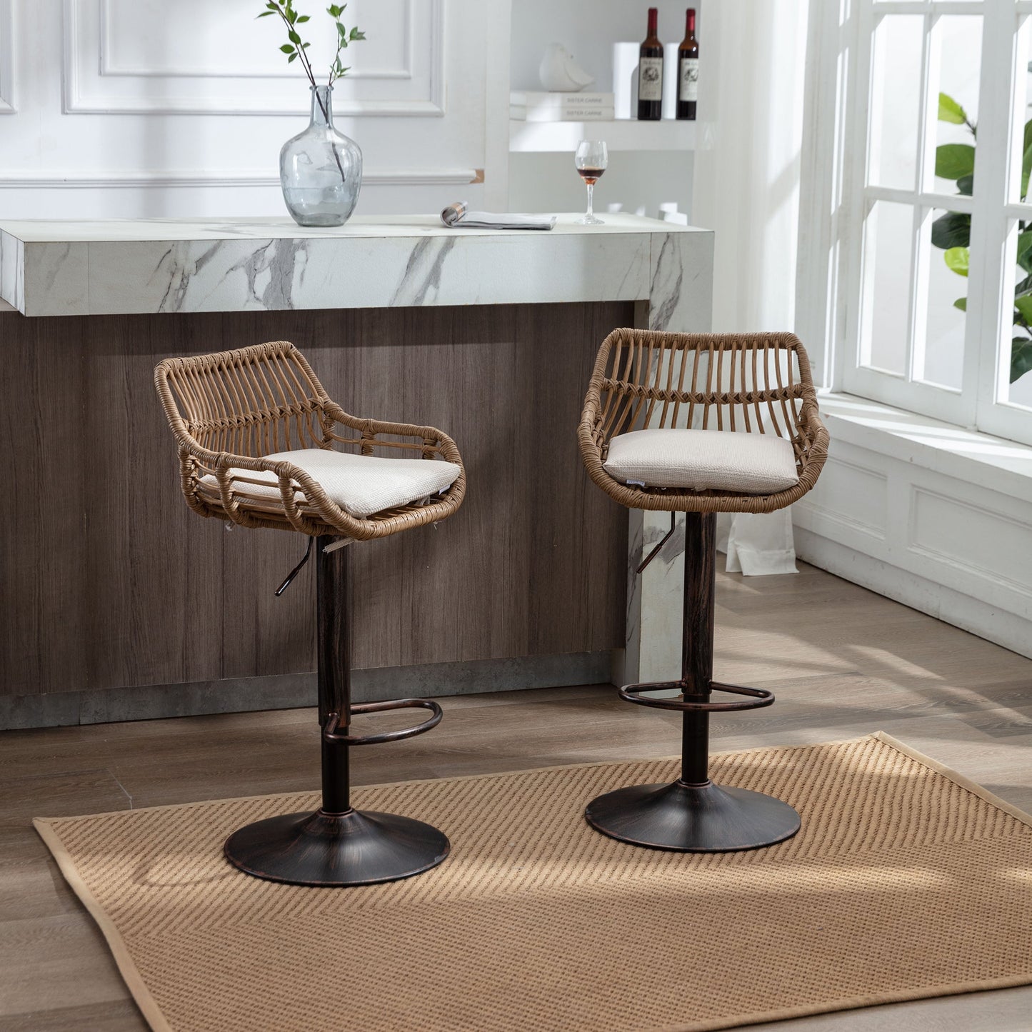COOLMORE Modern Swivel Bar Stools Set of 2 with Adjustable Counter Height and Footrest in Beige Linen - 1st Choice Furniture Direct