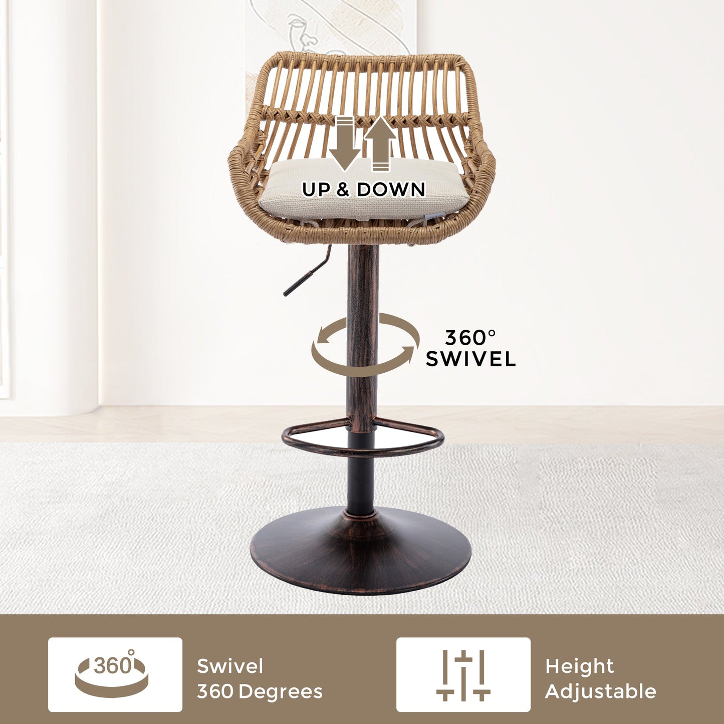 COOLMORE Modern Swivel Bar Stools Set of 2 with Adjustable Counter Height and Footrest in Beige Linen - 1st Choice Furniture Direct