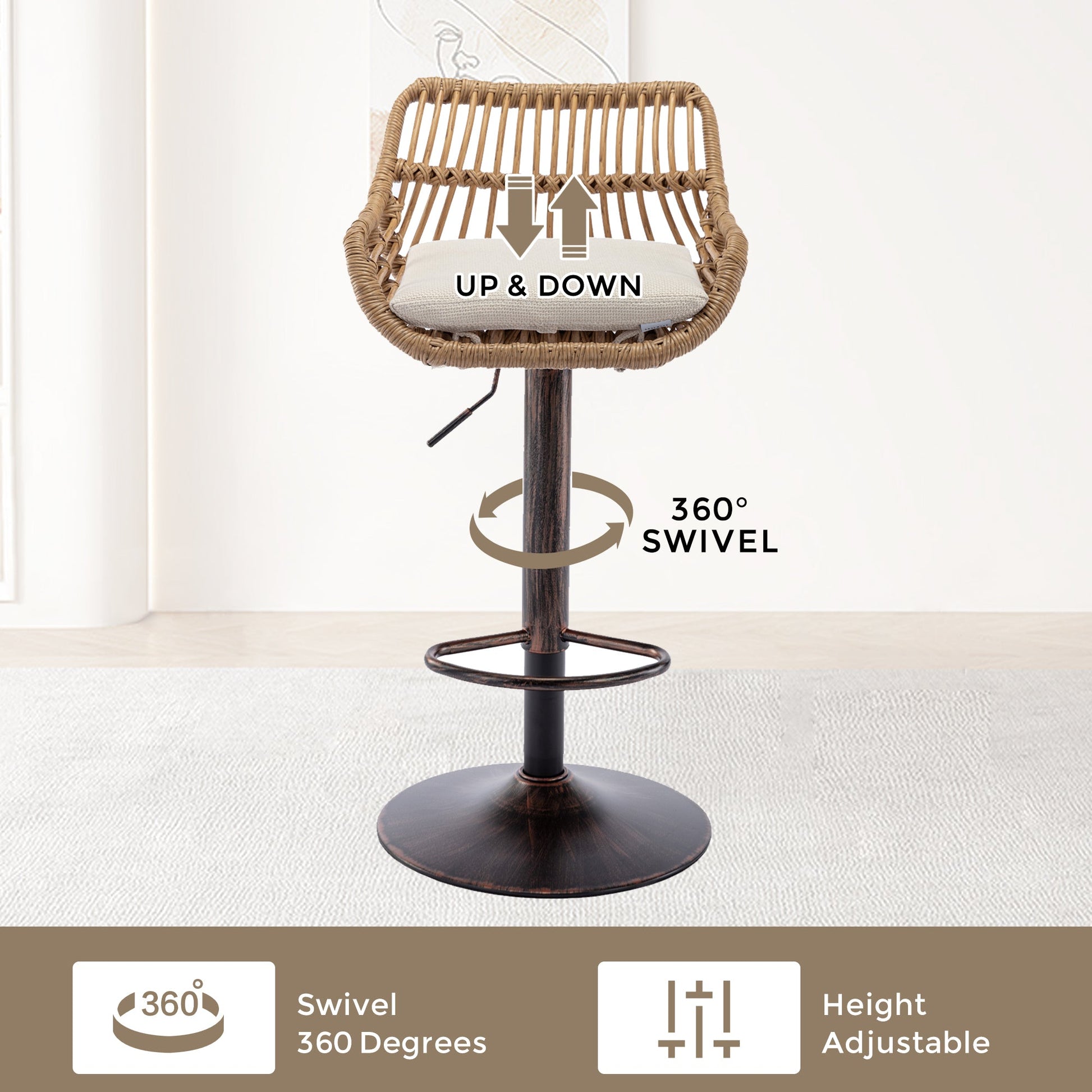 COOLMORE Modern Swivel Bar Stools Set of 2 with Adjustable Counter Height and Footrest in Beige Linen - 1st Choice Furniture Direct