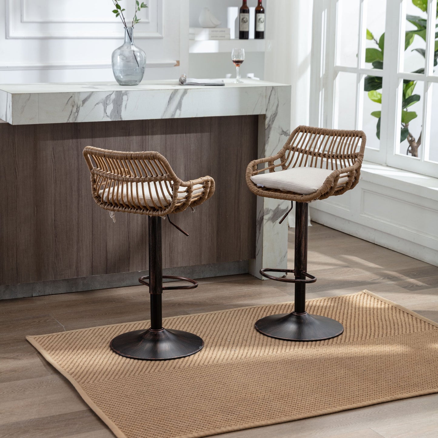 COOLMORE Modern Swivel Bar Stools Set of 2 with Adjustable Counter Height and Footrest in Beige Linen - 1st Choice Furniture Direct