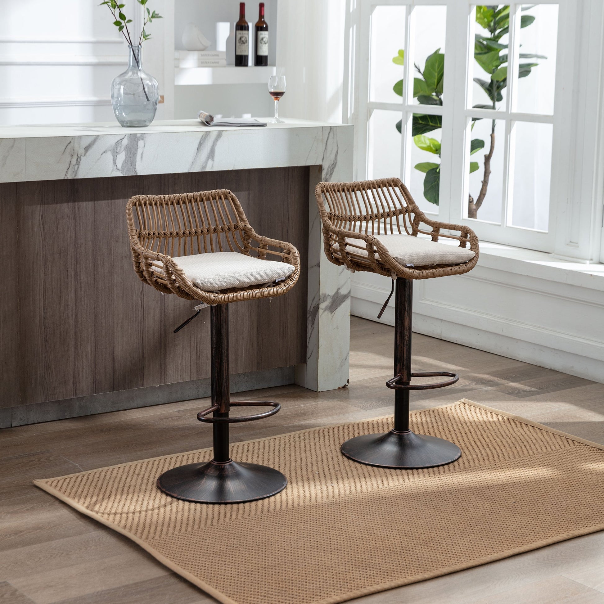 COOLMORE Modern Swivel Bar Stools Set of 2 with Adjustable Counter Height and Footrest in Beige Linen - 1st Choice Furniture Direct