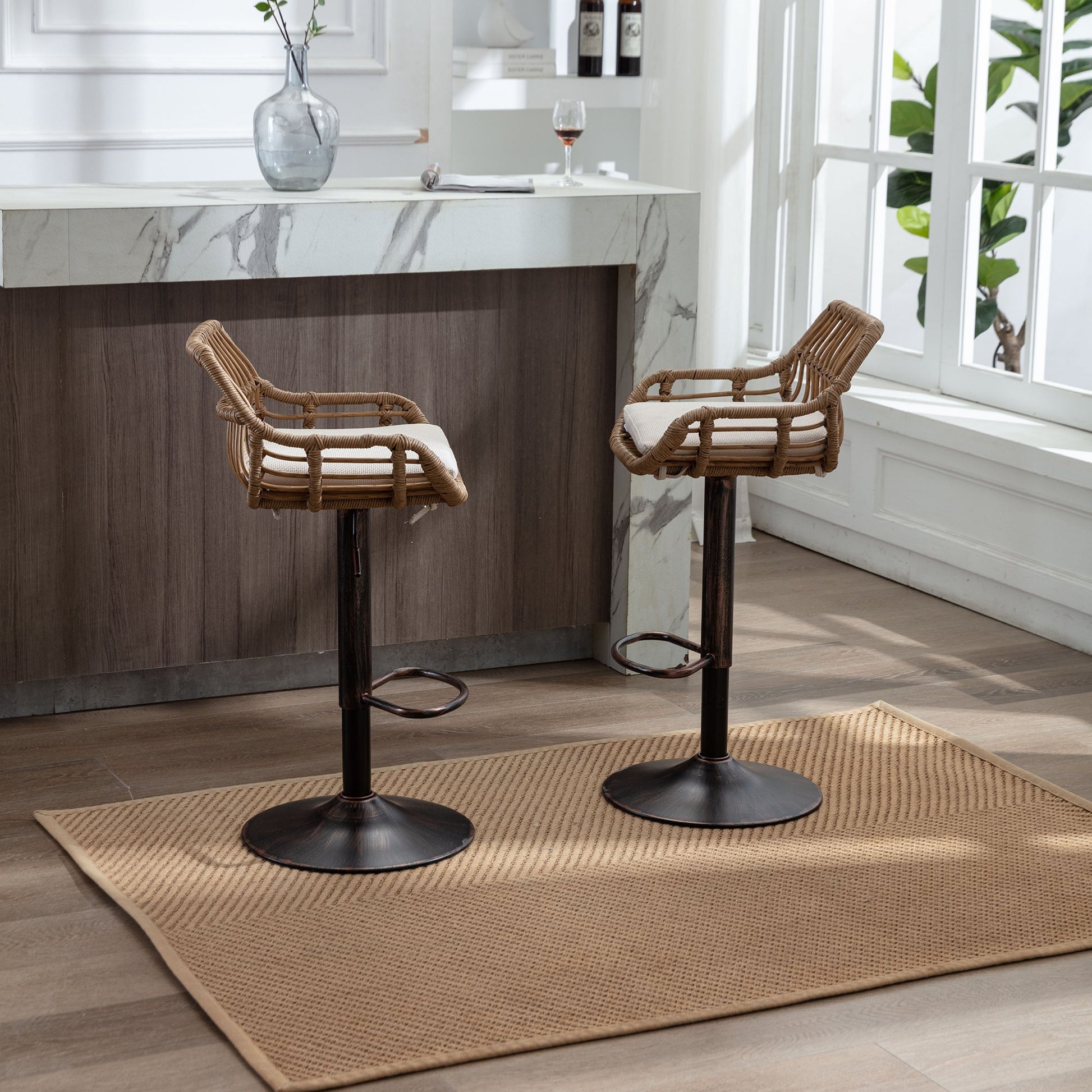 COOLMORE Modern Swivel Bar Stools Set of 2 with Adjustable Counter Height and Footrest in Beige Linen - 1st Choice Furniture Direct