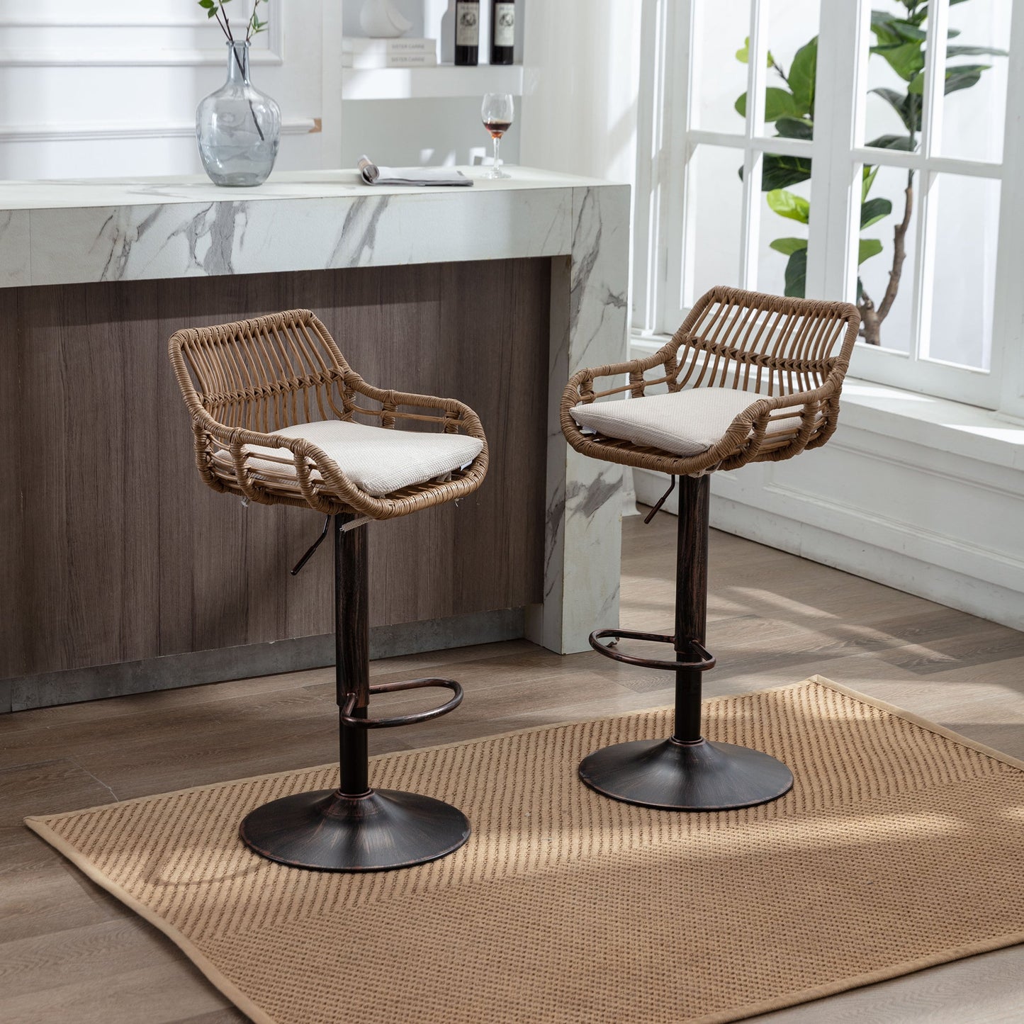 COOLMORE Modern Swivel Bar Stools Set of 2 with Adjustable Counter Height and Footrest in Beige Linen - 1st Choice Furniture Direct