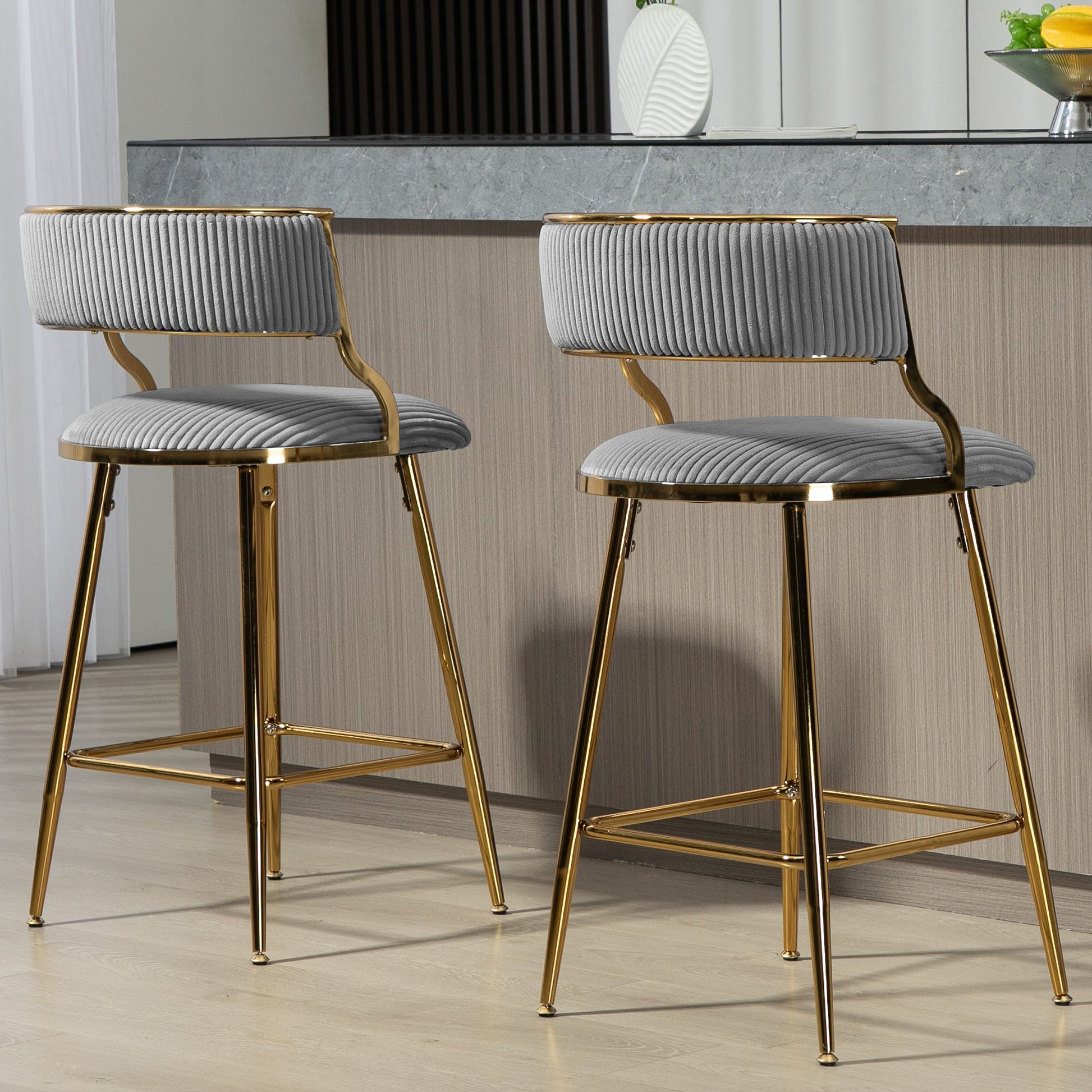 Corduroy Counter Height Bar Stools with Back and Golden Chromed Base, Grey, Set of 2 - 1st Choice Furniture Direct