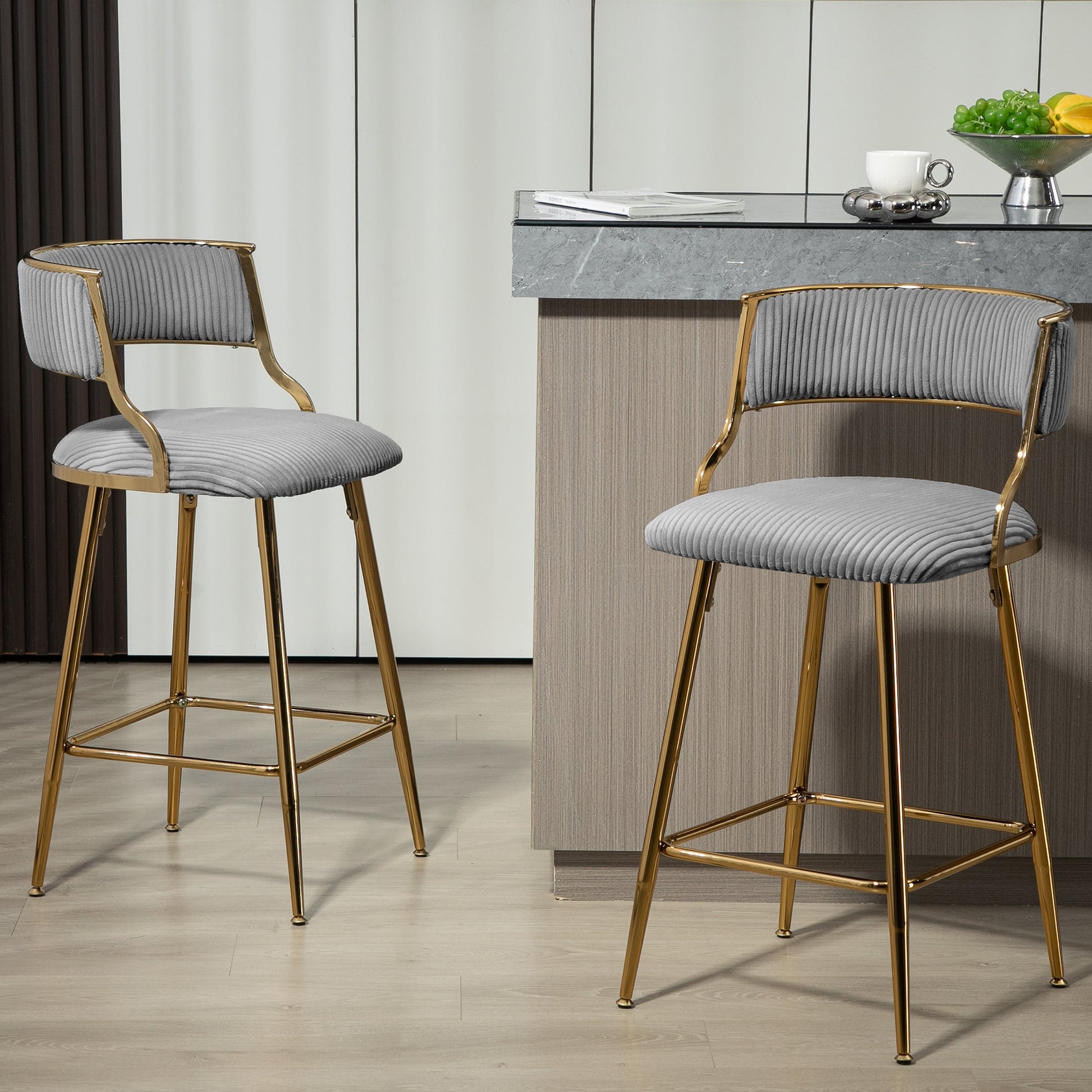 Corduroy Counter Height Bar Stools with Back and Golden Chromed Base, Grey, Set of 2 - 1st Choice Furniture Direct
