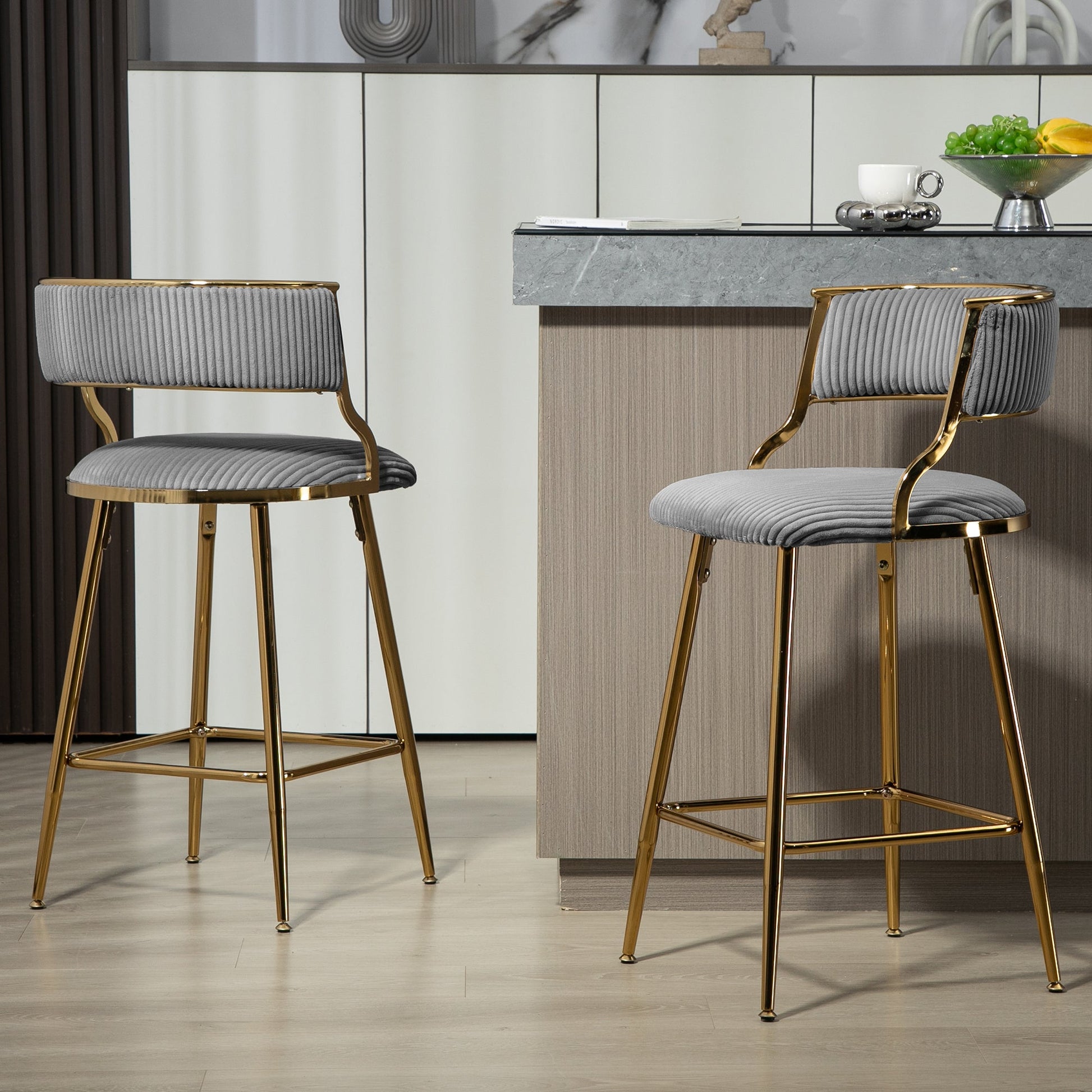 Corduroy Counter Height Bar Stools with Back and Golden Chromed Base, Grey, Set of 2 - 1st Choice Furniture Direct