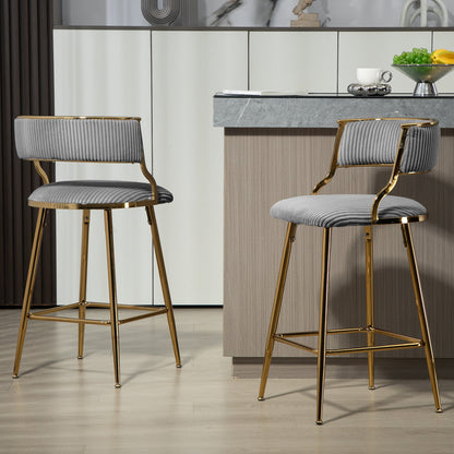 Corduroy Counter Height Bar Stools with Back and Golden Chromed Base, Grey, Set of 2 - 1st Choice Furniture Direct