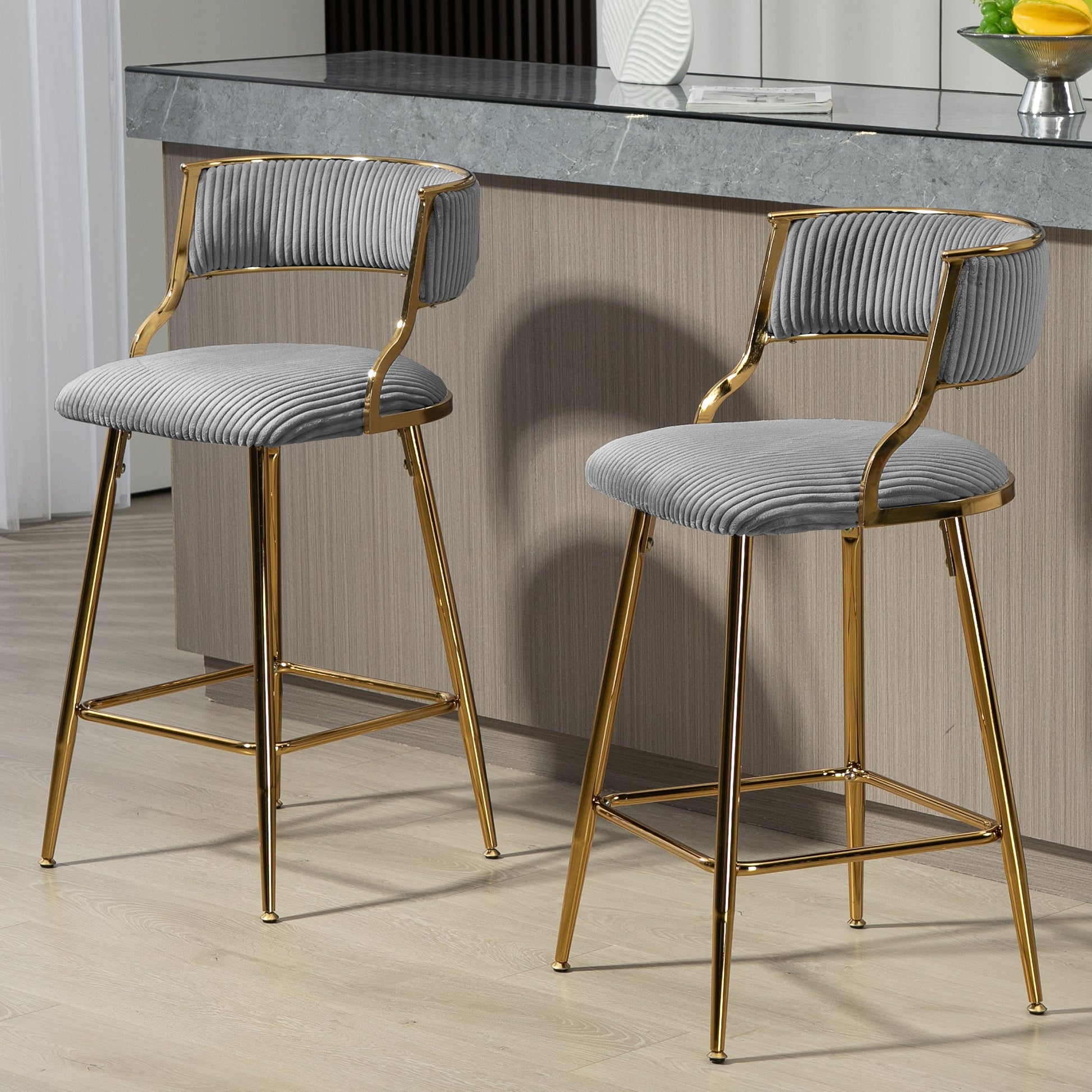 Corduroy Counter Height Bar Stools with Back and Golden Chromed Base, Grey, Set of 2 - 1st Choice Furniture Direct