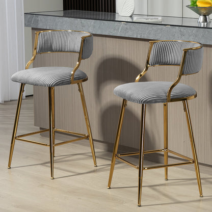 Corduroy Counter Height Bar Stools with Back and Golden Chromed Base, Grey, Set of 2 - 1st Choice Furniture Direct