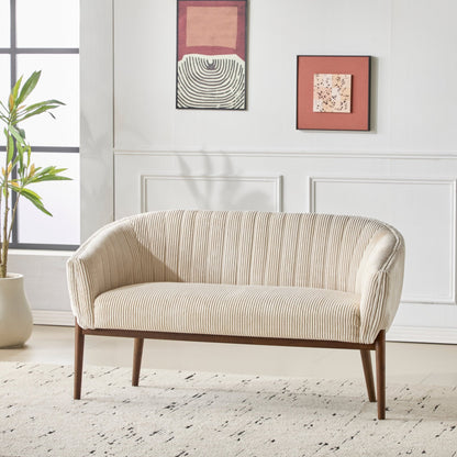 Corduroy Recessed Arm Loveseat(Beige+Walnut - 65780) - 1st Choice Furniture Direct