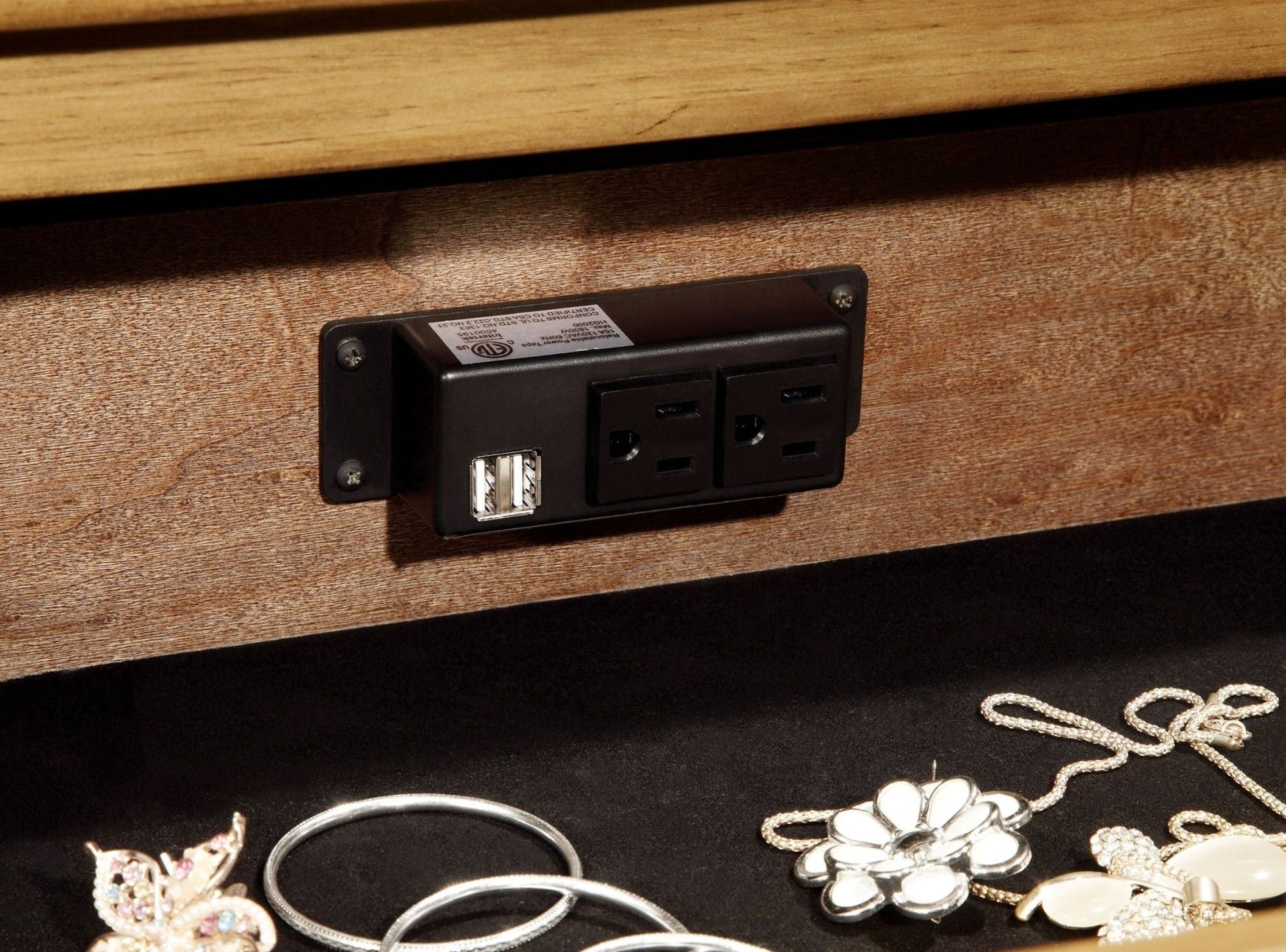 Cottage Style Weathered Elm 1pc Nightstand Ball Bearing Metal Glide USB Charger/Power Outlet In Night Stand Top Drawer Bedroom Bedside Table - 1st Choice Furniture Direct