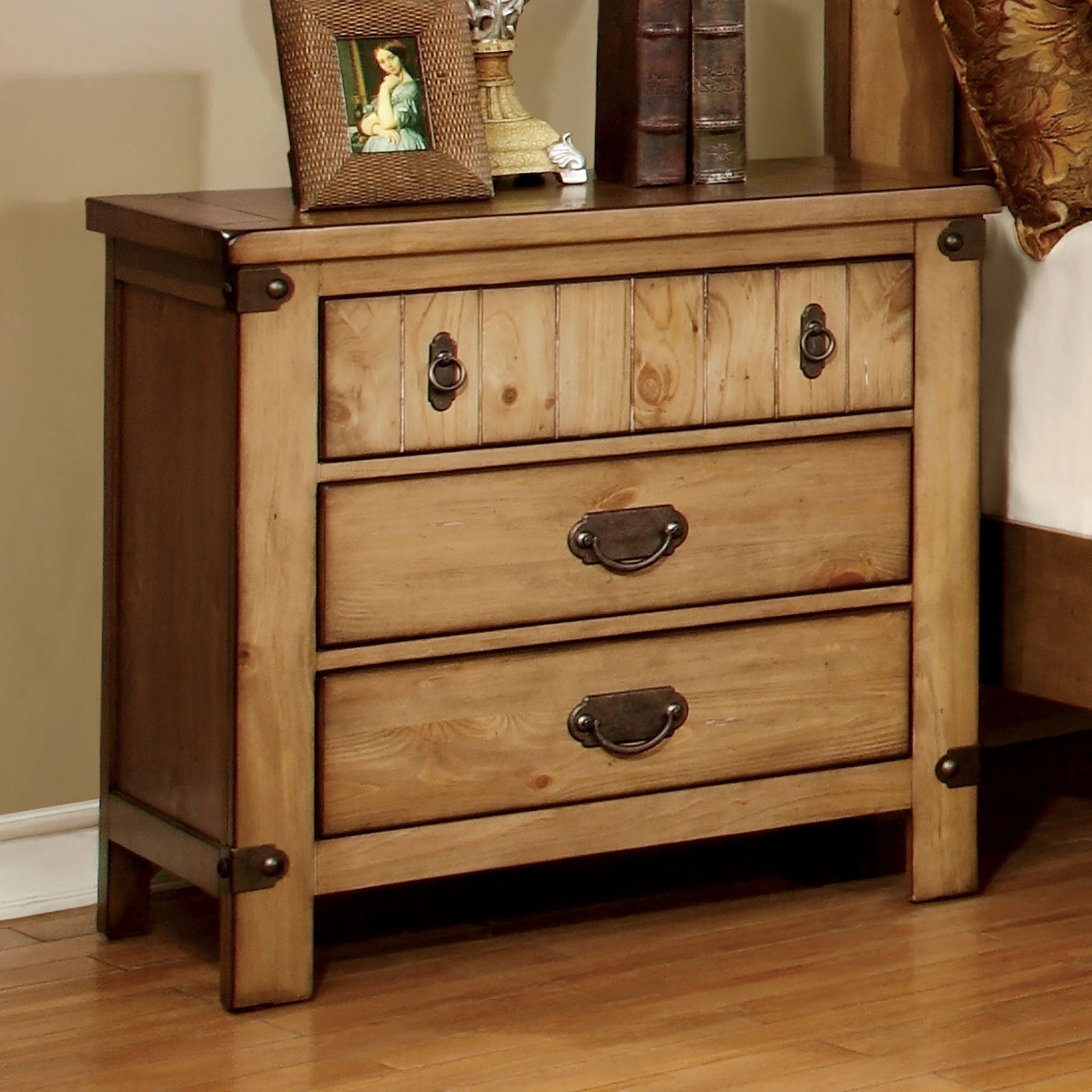 Cottage Style Weathered Elm 1pc Nightstand Ball Bearing Metal Glide USB Charger/Power Outlet In Night Stand Top Drawer Bedroom Bedside Table - 1st Choice Furniture Direct