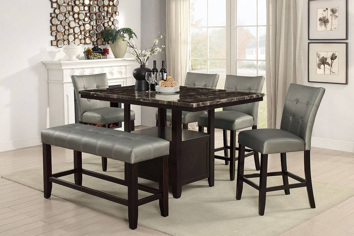 Counter Height 1pc Bench Dining Room Silver Faux Leather Cushion Tufted Seat Wooden Base Comfort Seat Kitchen Dining - 1st Choice Furniture Direct