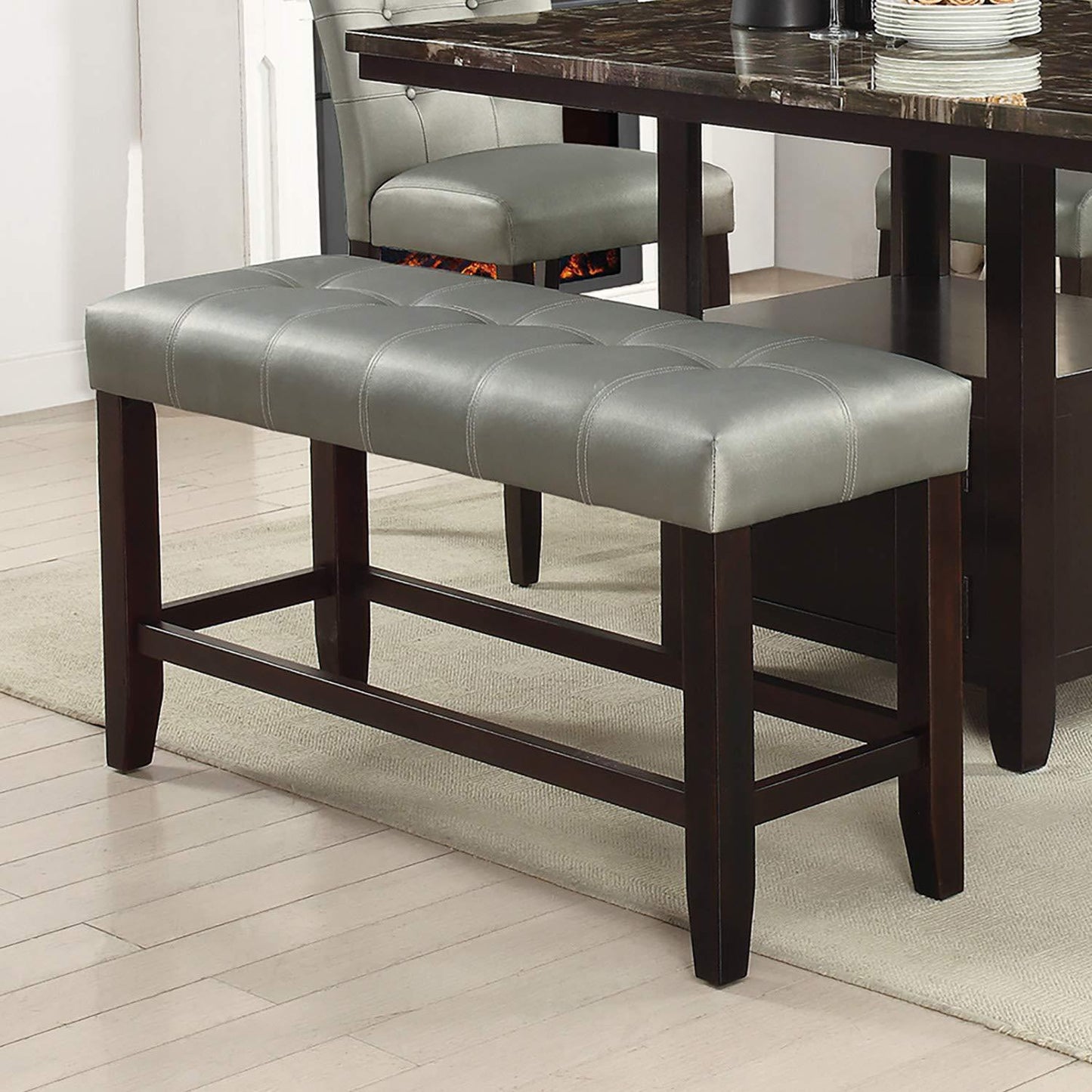Counter Height 1pc Bench Dining Room Silver Faux Leather Cushion Tufted Seat Wooden Base Comfort Seat Kitchen Dining - 1st Choice Furniture Direct