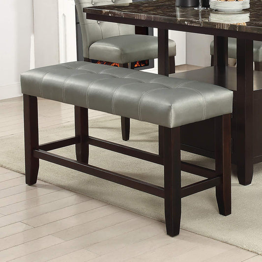 Counter Height 1pc Bench Dining Room Silver Faux Leather Cushion Tufted Seat Wooden Base Comfort Seat Kitchen Dining - 1st Choice Furniture Direct