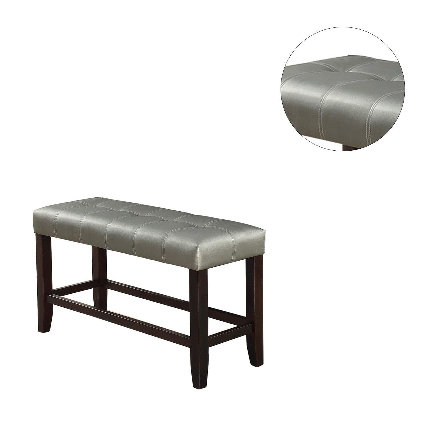 Counter Height 1pc Bench Dining Room Silver Faux Leather Cushion Tufted Seat Wooden Base Comfort Seat Kitchen Dining - 1st Choice Furniture Direct