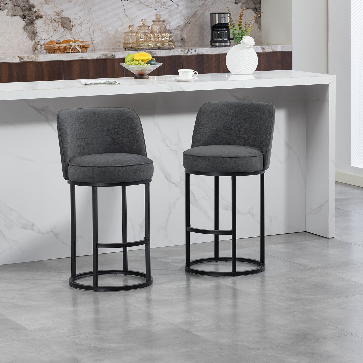 Counter Height Bar Stools Set of 2, Modern Barrel Counter Stools with Backrest, Linen Fabric Upholstered Accent Bar Stools for Kitchen Island - 1st Choice Furniture Direct