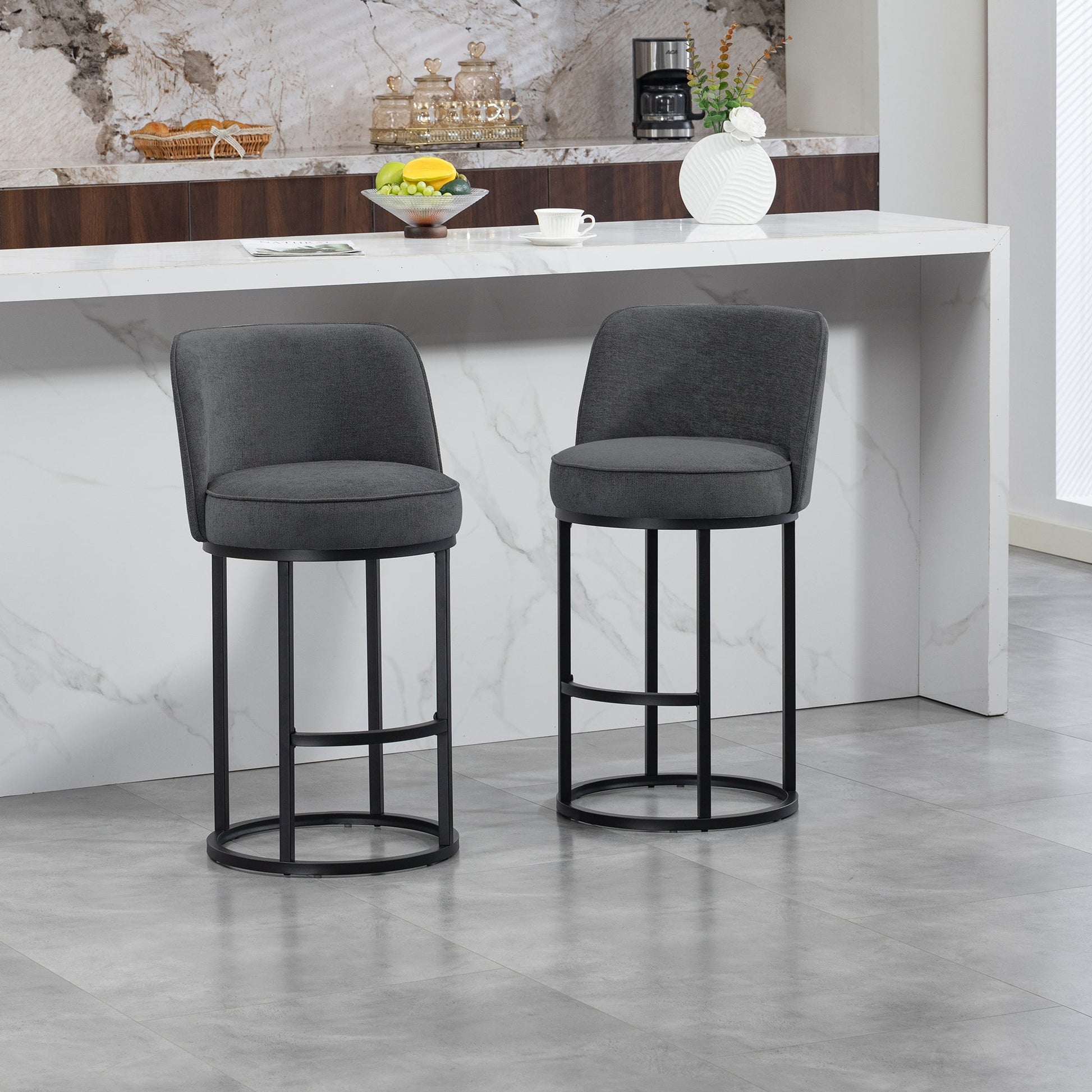 Counter Height Bar Stools Set of 2, Modern Barrel Counter Stools with Backrest, Linen Fabric Upholstered Accent Bar Stools for Kitchen Island - 1st Choice Furniture Direct