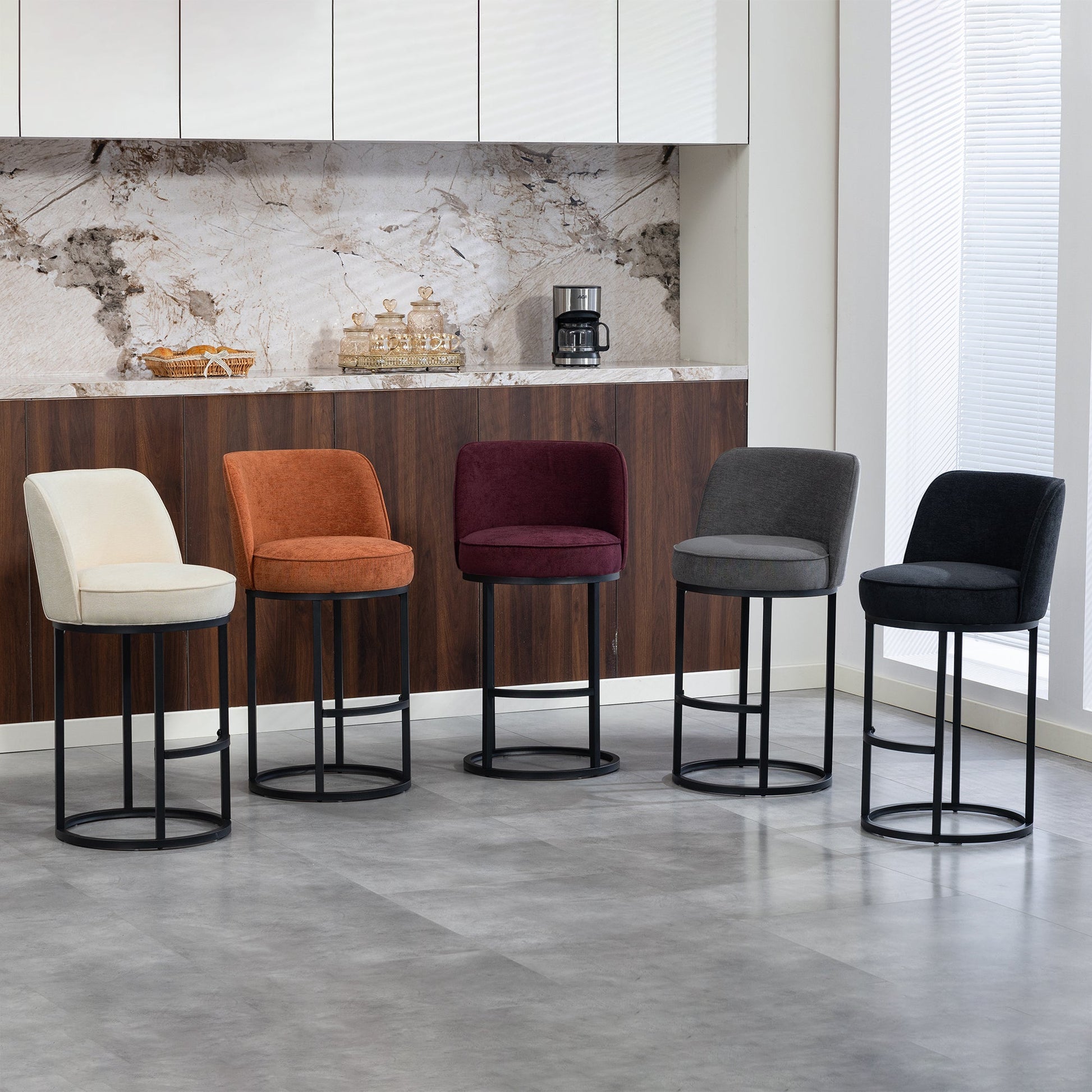 Counter Height Bar Stools Set of 2, Modern Barrel Counter Stools with Backrest, Linen Fabric Upholstered Accent Bar Stools for Kitchen Island - 1st Choice Furniture Direct