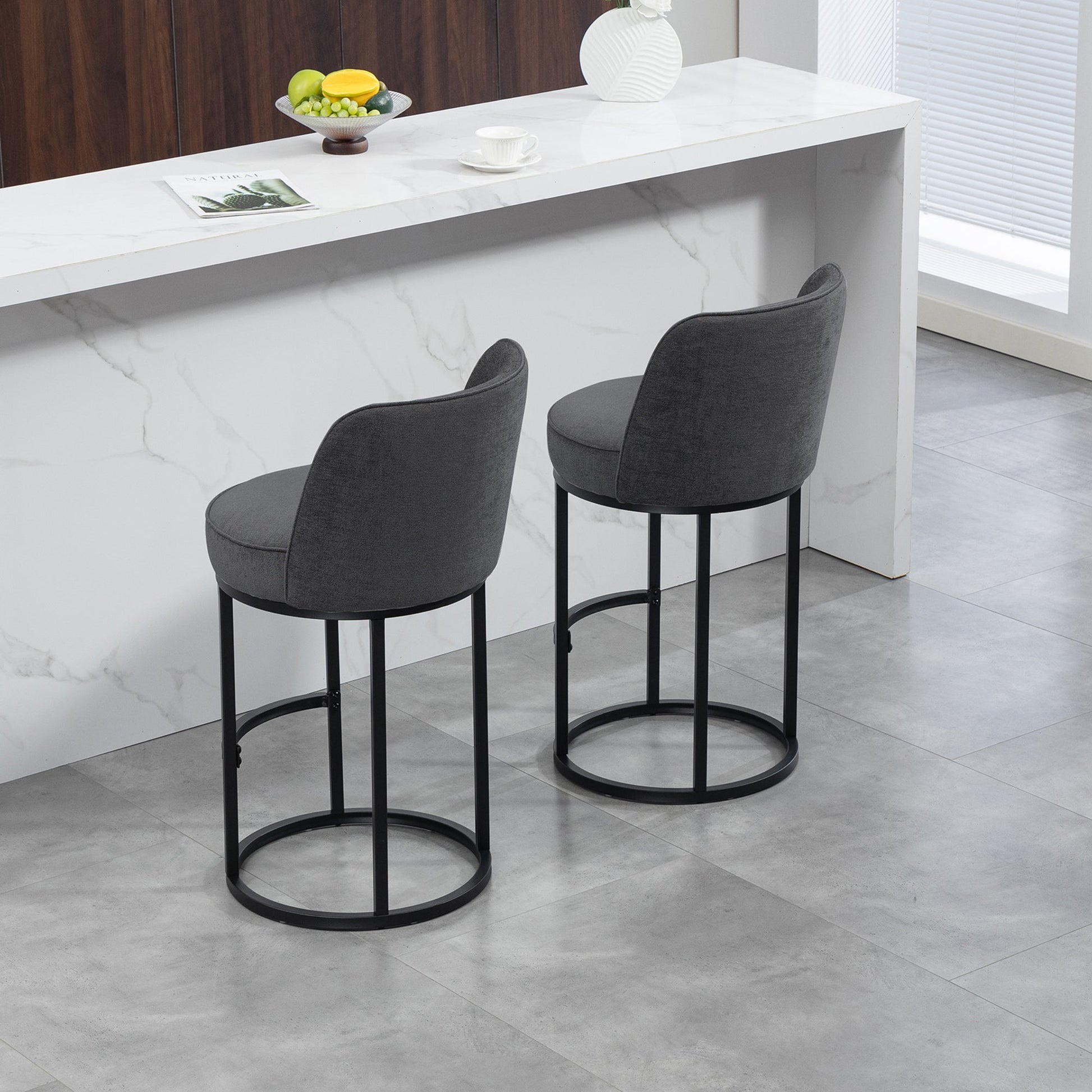 Counter Height Bar Stools Set of 2, Modern Barrel Counter Stools with Backrest, Linen Fabric Upholstered Accent Bar Stools for Kitchen Island - 1st Choice Furniture Direct