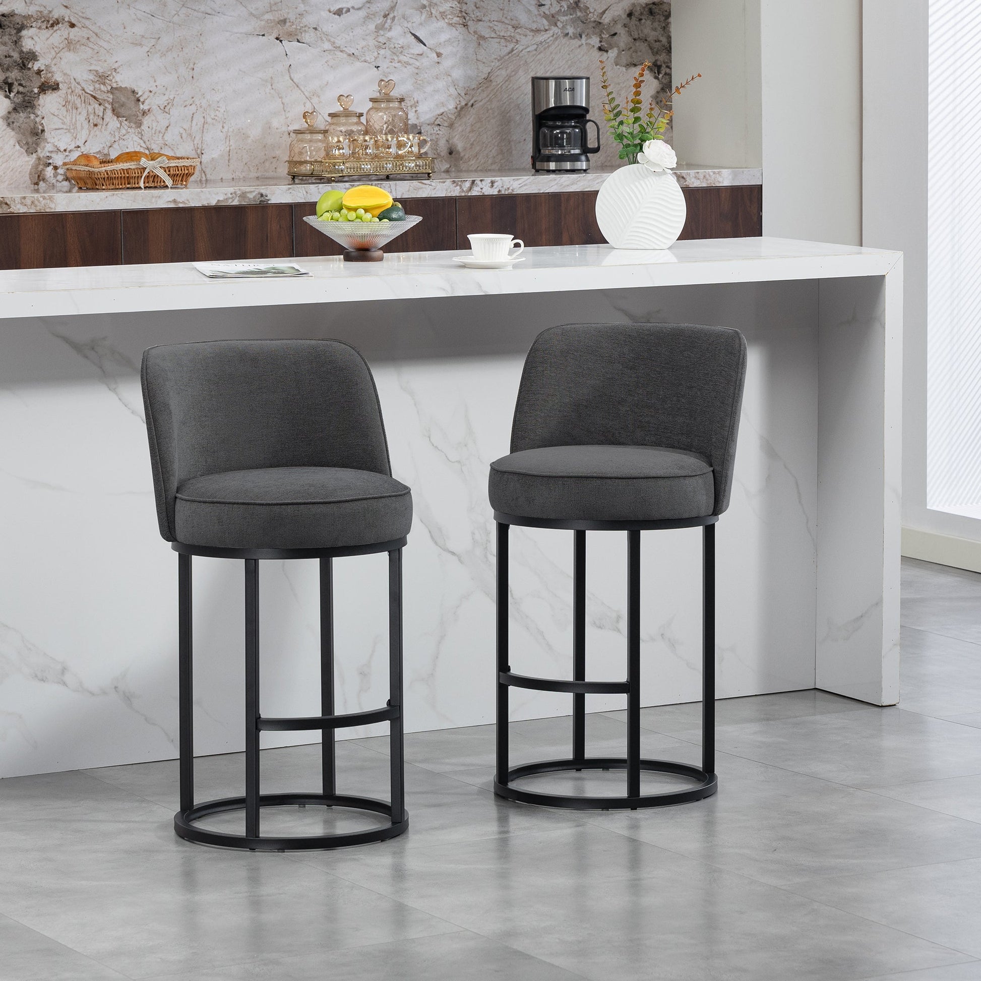 Counter Height Bar Stools Set of 2, Modern Barrel Counter Stools with Backrest, Linen Fabric Upholstered Accent Bar Stools for Kitchen Island - 1st Choice Furniture Direct