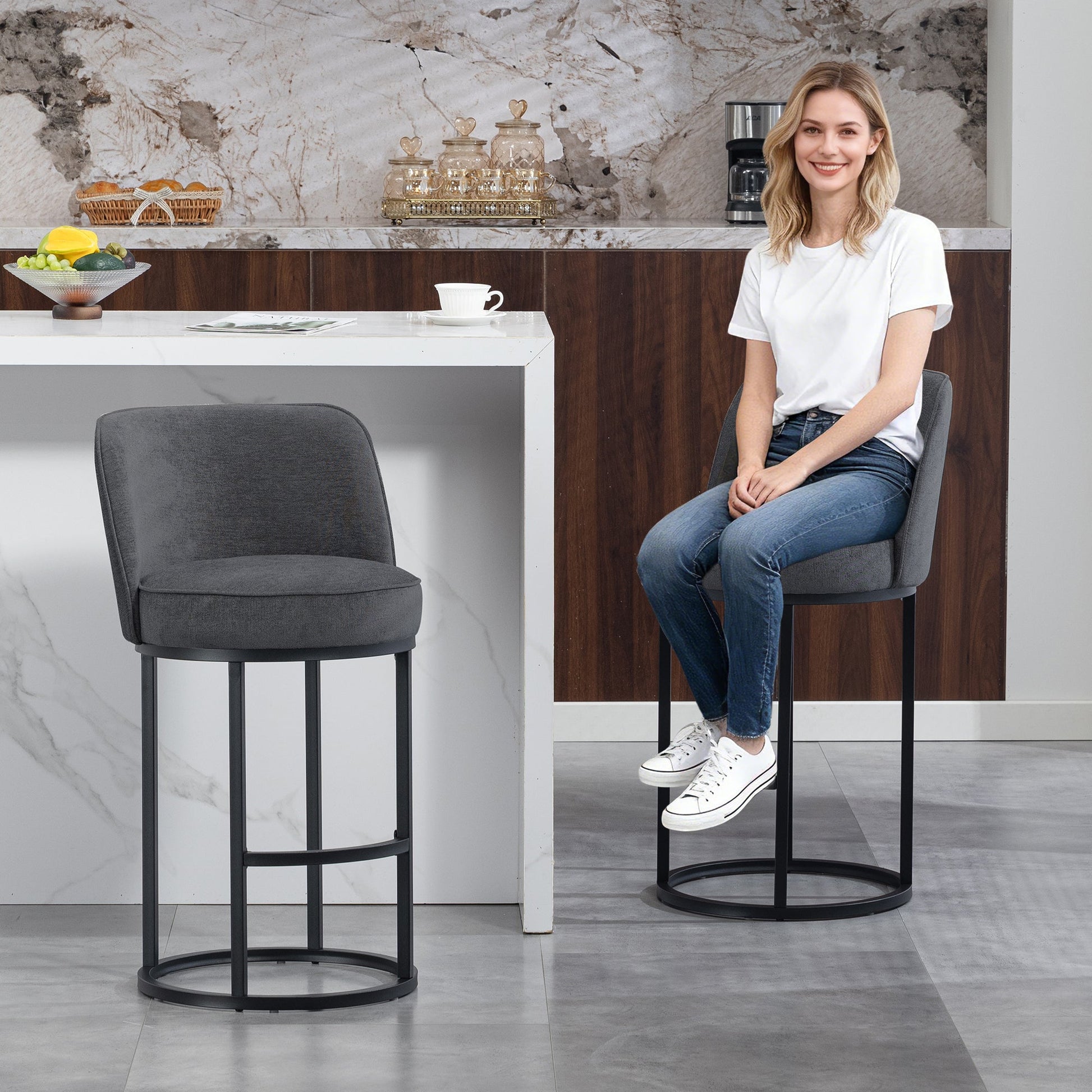 Counter Height Bar Stools Set of 2, Modern Barrel Counter Stools with Backrest, Linen Fabric Upholstered Accent Bar Stools for Kitchen Island - 1st Choice Furniture Direct