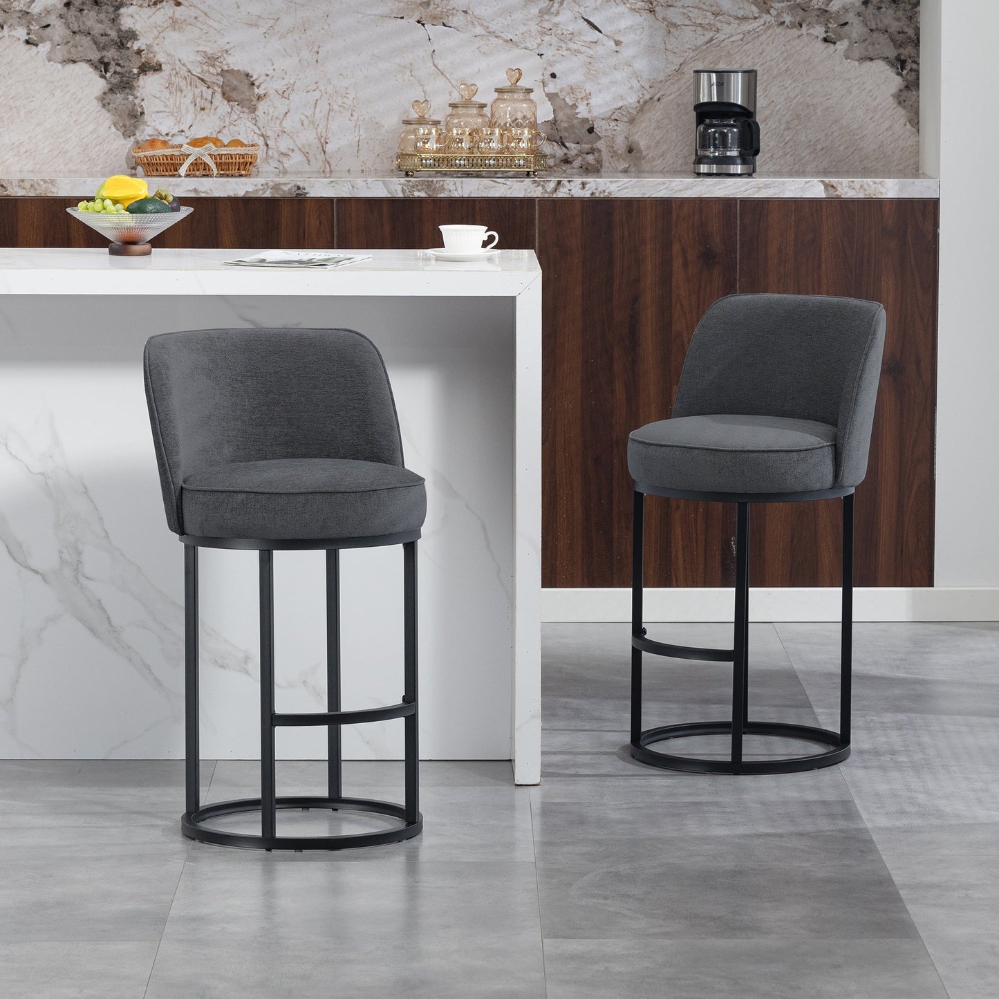 Counter Height Bar Stools Set of 2, Modern Barrel Counter Stools with Backrest, Linen Fabric Upholstered Accent Bar Stools for Kitchen Island - 1st Choice Furniture Direct