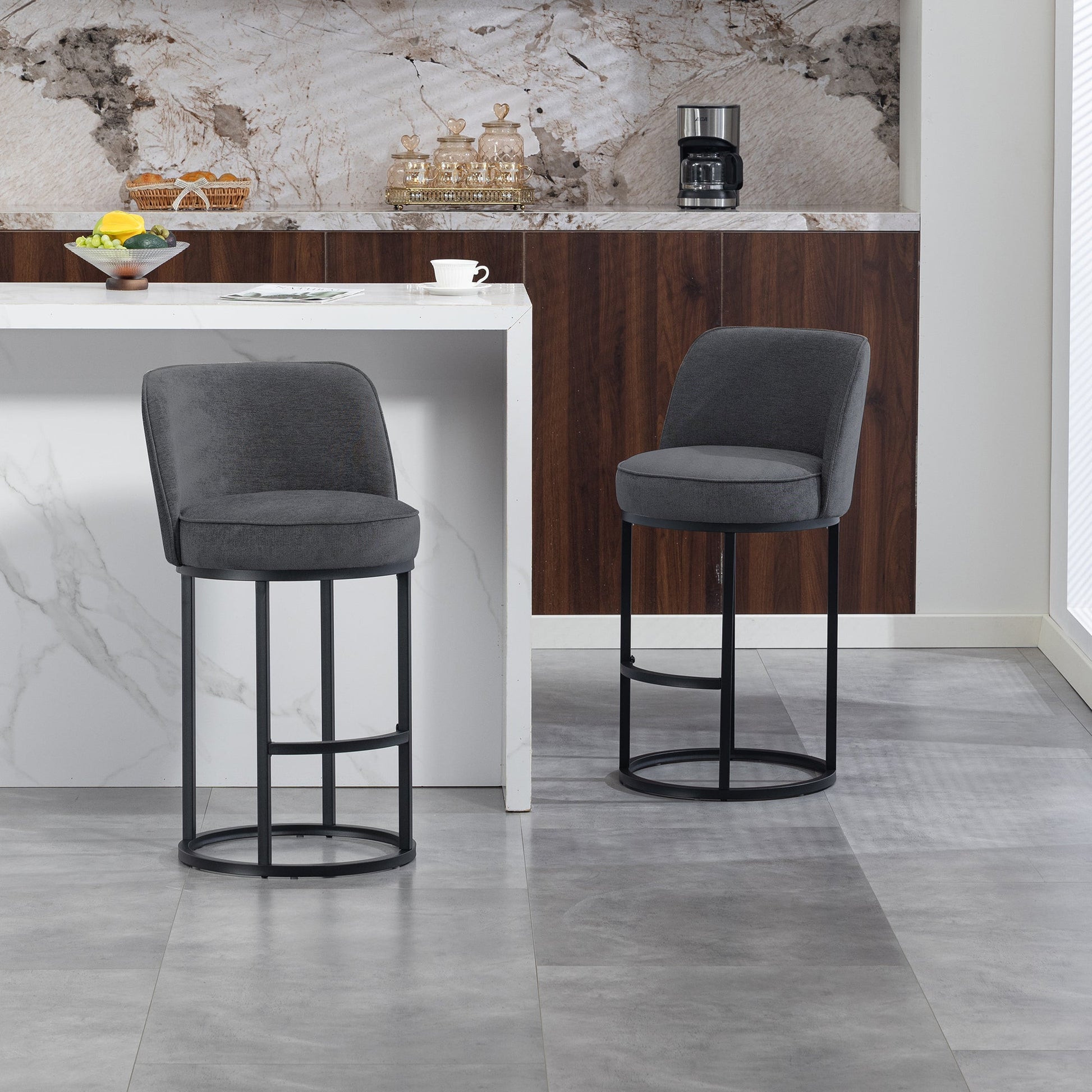 Counter Height Bar Stools Set of 2, Modern Barrel Counter Stools with Backrest, Linen Fabric Upholstered Accent Bar Stools for Kitchen Island - 1st Choice Furniture Direct
