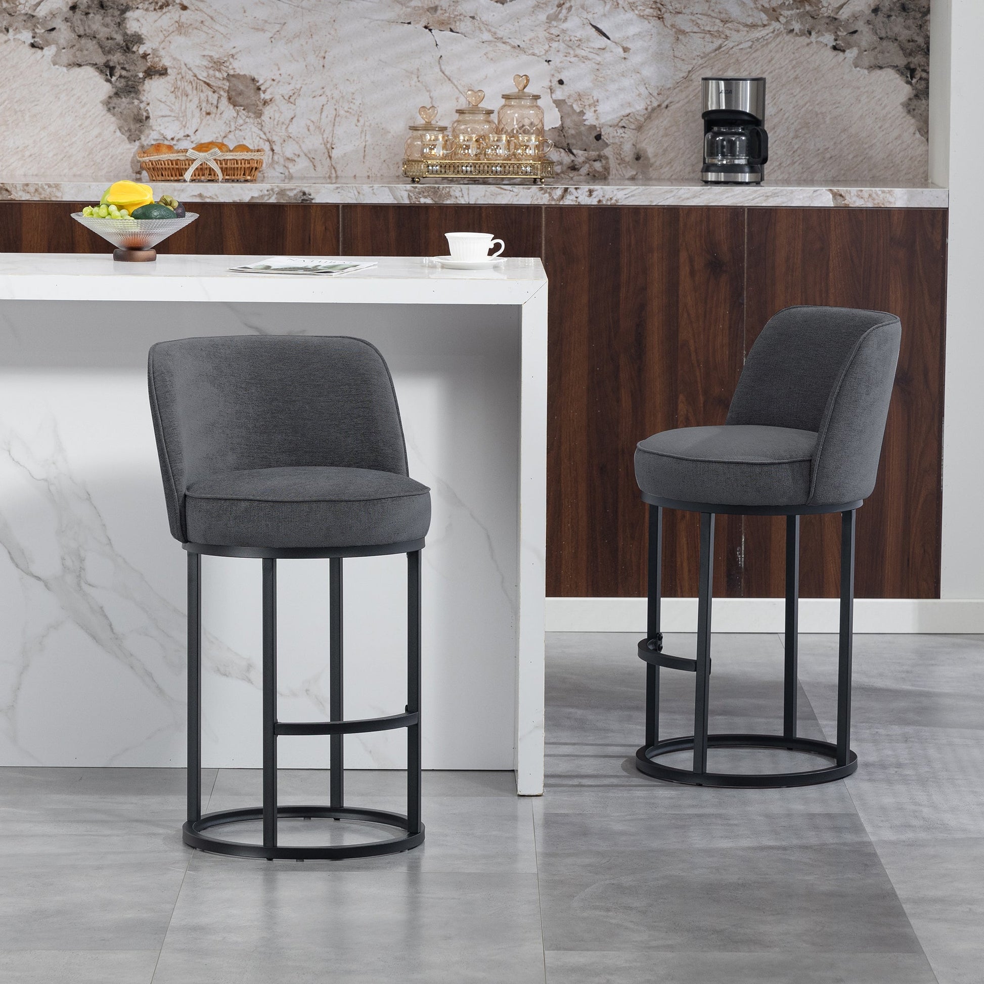 Counter Height Bar Stools Set of 2, Modern Barrel Counter Stools with Backrest, Linen Fabric Upholstered Accent Bar Stools for Kitchen Island - 1st Choice Furniture Direct