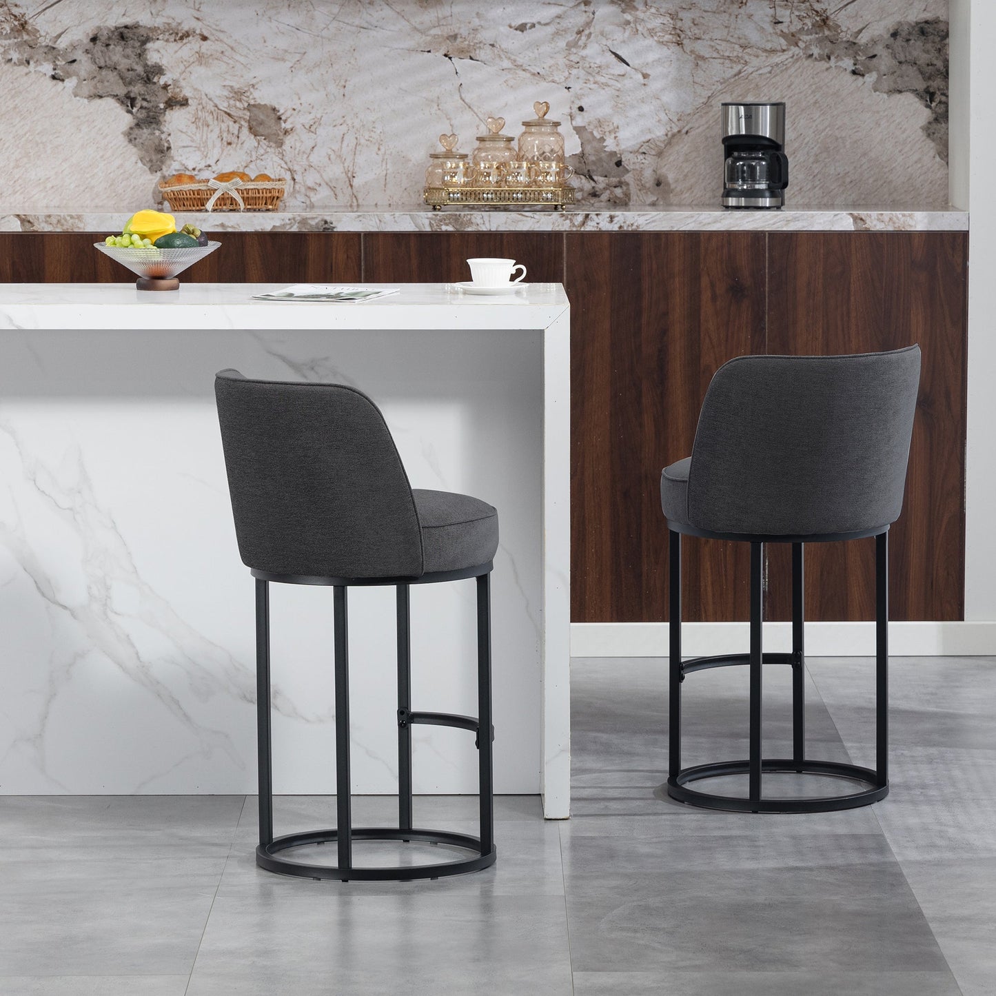 Counter Height Bar Stools Set of 2, Modern Barrel Counter Stools with Backrest, Linen Fabric Upholstered Accent Bar Stools for Kitchen Island - 1st Choice Furniture Direct
