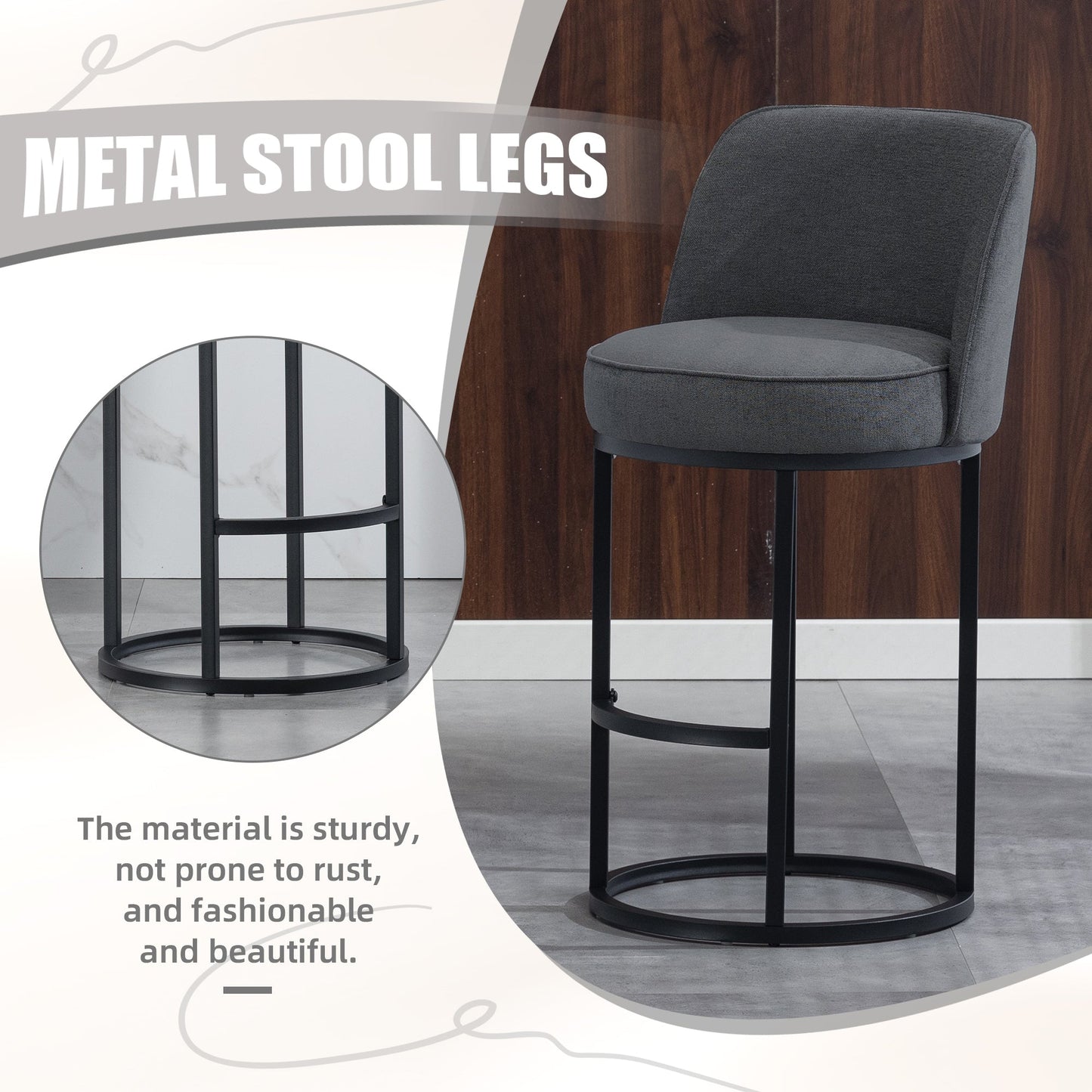 Counter Height Bar Stools Set of 2, Modern Barrel Counter Stools with Backrest, Linen Fabric Upholstered Accent Bar Stools for Kitchen Island - 1st Choice Furniture Direct