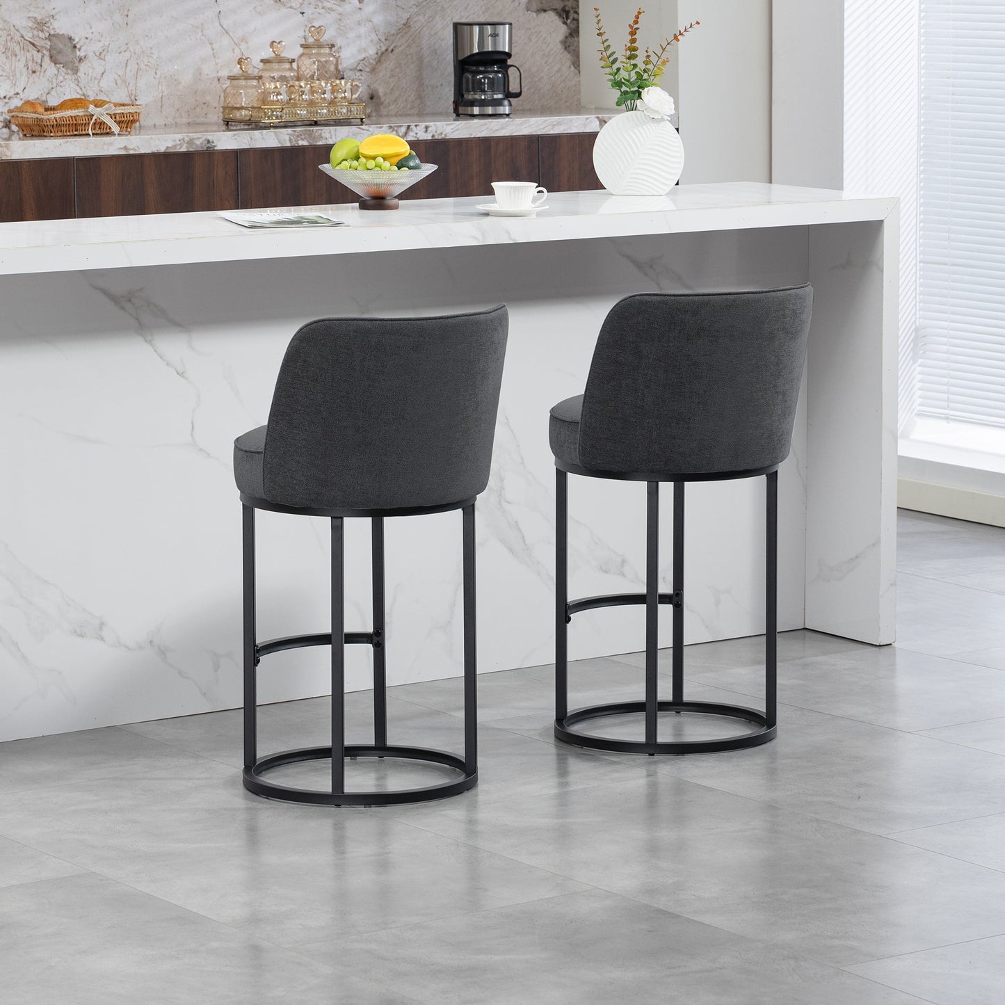Counter Height Bar Stools Set of 2, Modern Barrel Counter Stools with Backrest, Linen Fabric Upholstered Accent Bar Stools for Kitchen Island - 1st Choice Furniture Direct