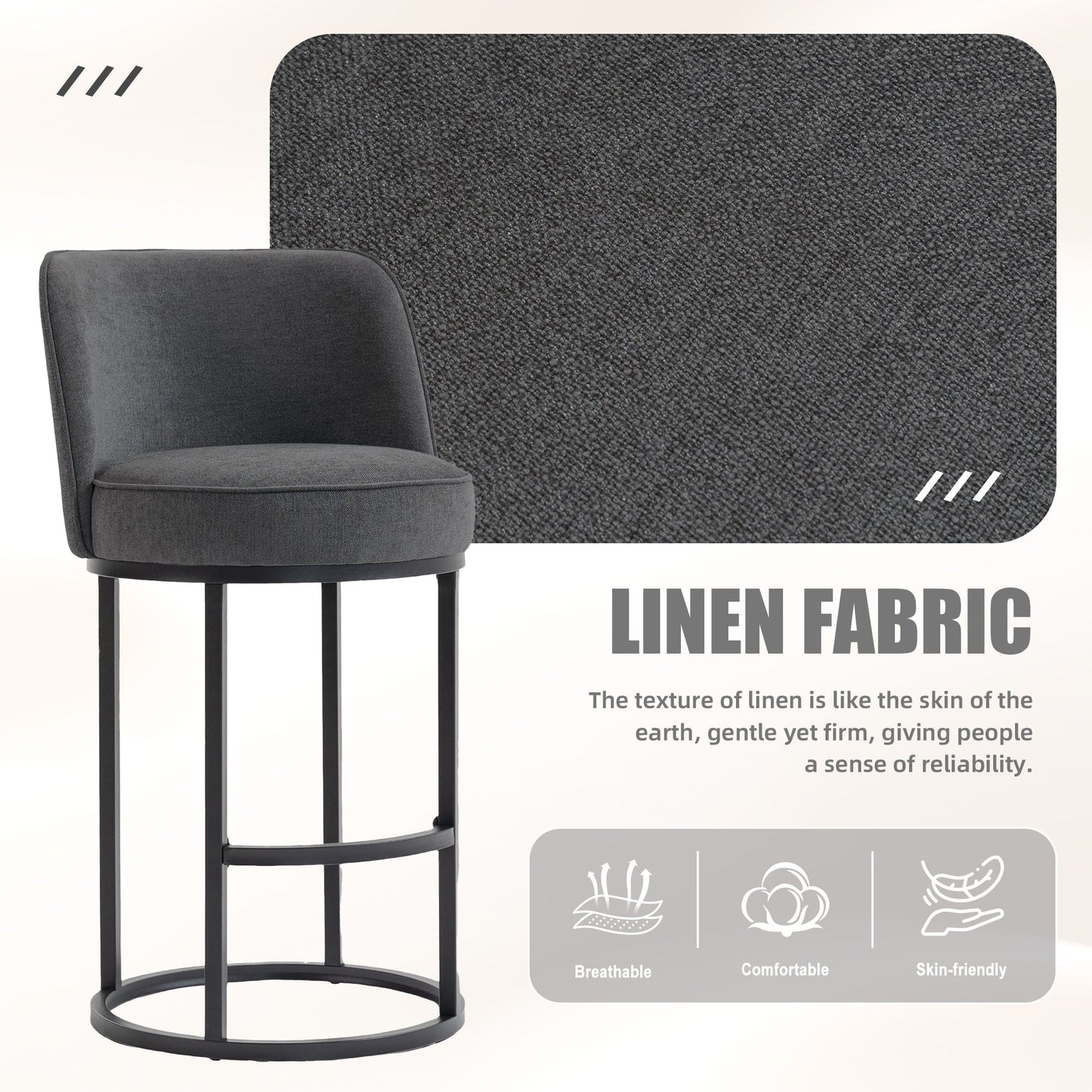 Counter Height Bar Stools Set of 2, Modern Barrel Counter Stools with Backrest, Linen Fabric Upholstered Accent Bar Stools for Kitchen Island - 1st Choice Furniture Direct