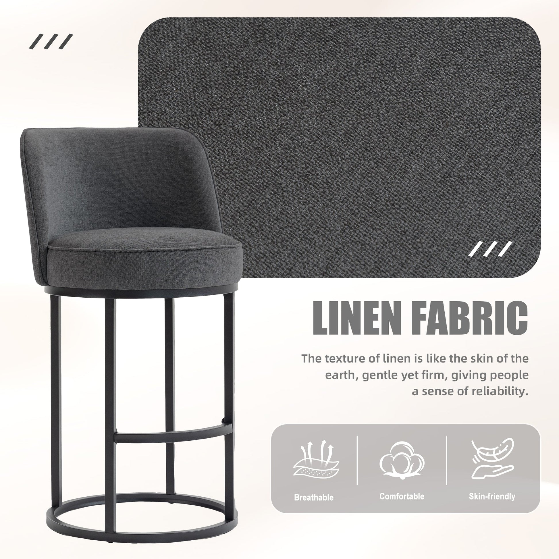 Counter Height Bar Stools Set of 2, Modern Barrel Counter Stools with Backrest, Linen Fabric Upholstered Accent Bar Stools for Kitchen Island - 1st Choice Furniture Direct