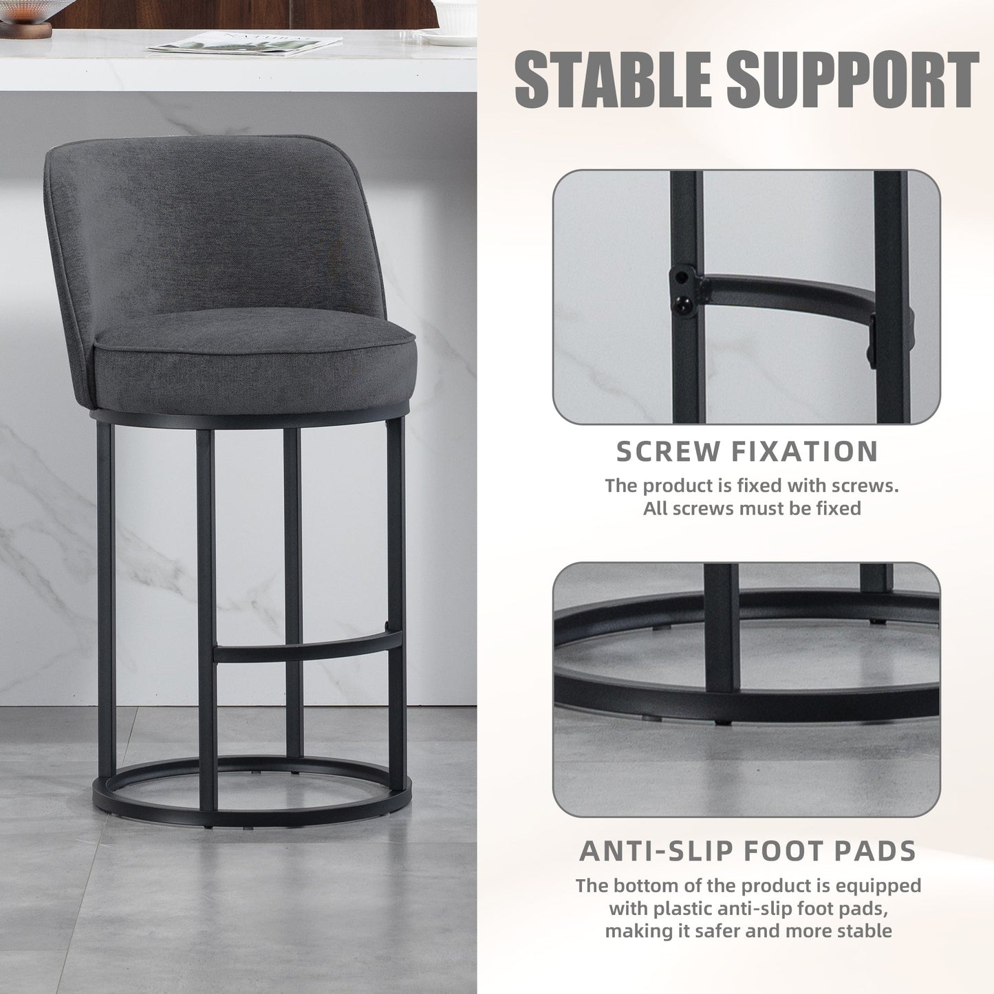 Counter Height Bar Stools Set of 2, Modern Barrel Counter Stools with Backrest, Linen Fabric Upholstered Accent Bar Stools for Kitchen Island - 1st Choice Furniture Direct