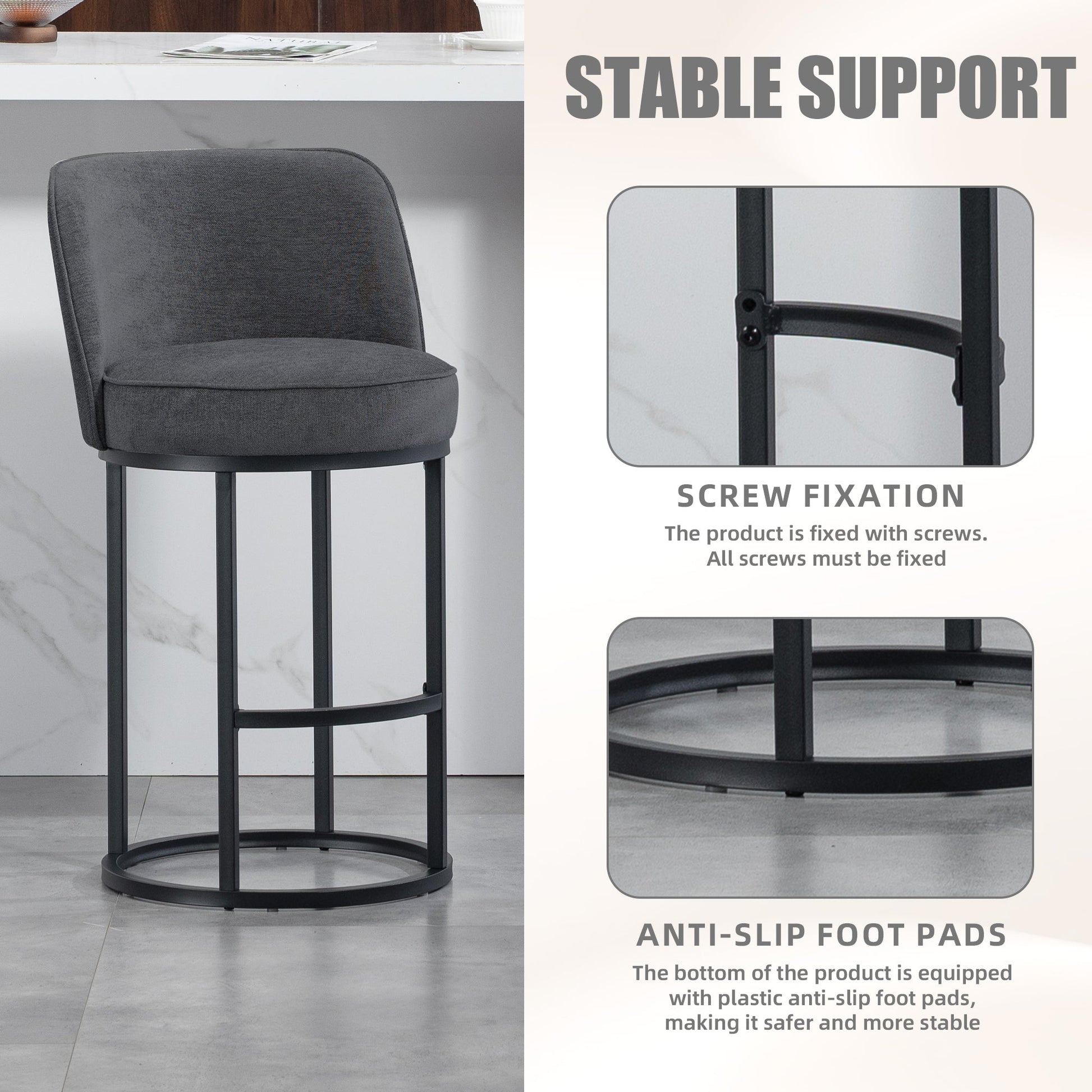 Counter Height Bar Stools Set of 2, Modern Barrel Counter Stools with Backrest, Linen Fabric Upholstered Accent Bar Stools for Kitchen Island - 1st Choice Furniture Direct